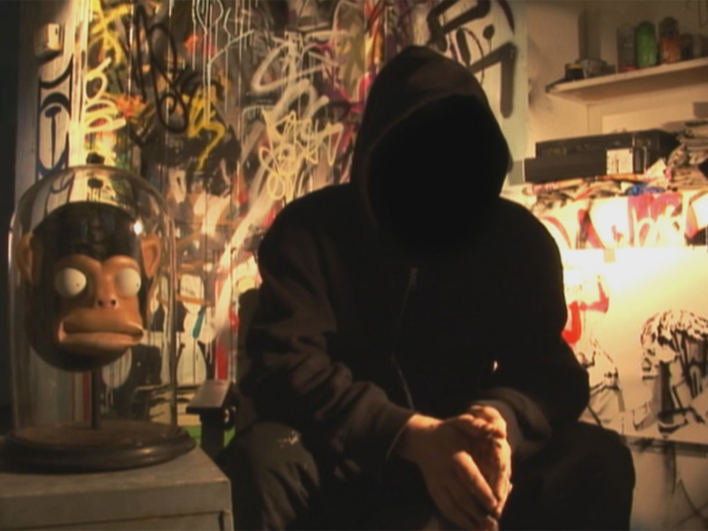 Banksy in a scene from his documentary 'Exit Through the Gift Shop'