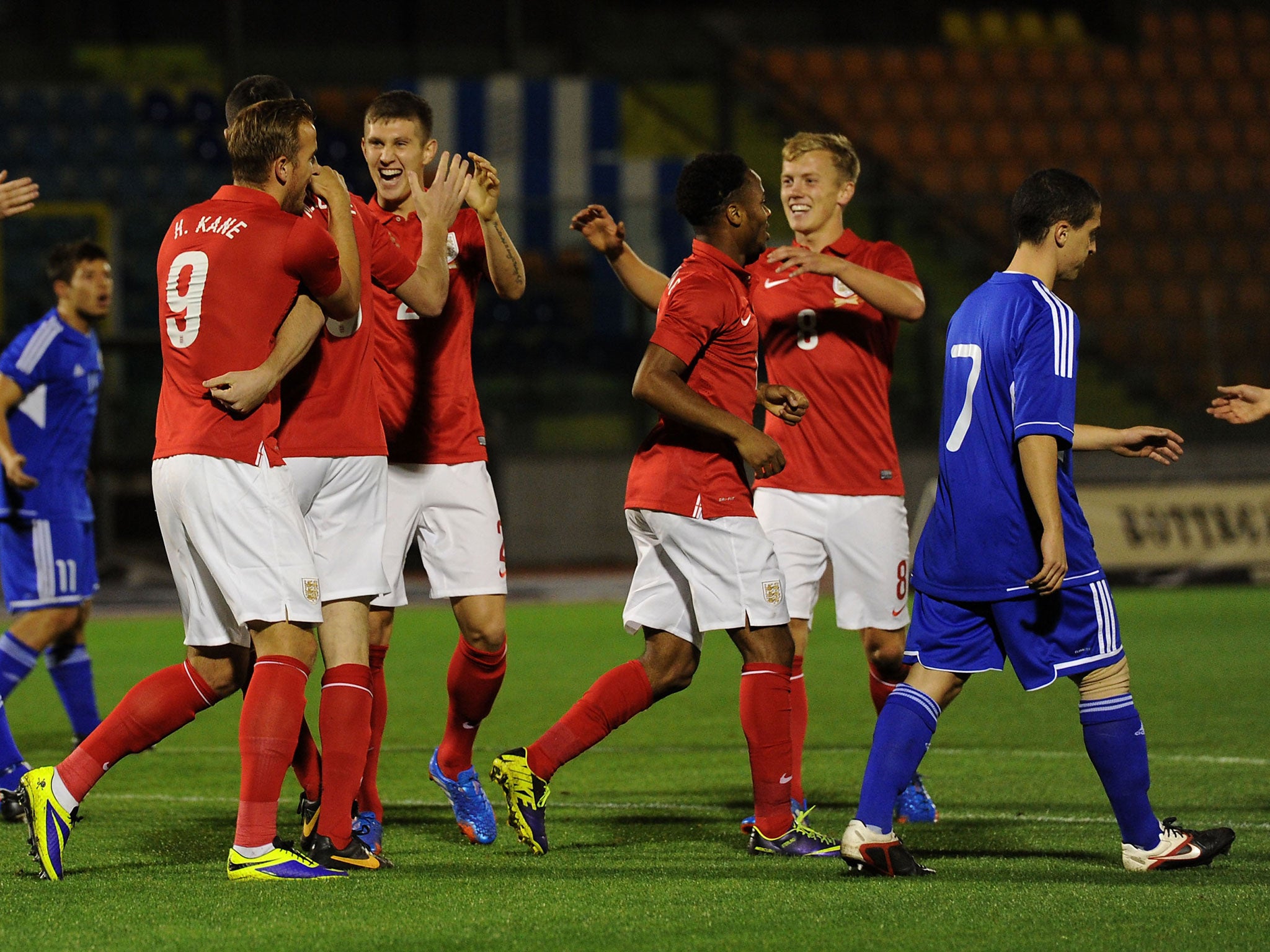 England Under-21s celebrate after scoring in the 4-0 victory over San Marino