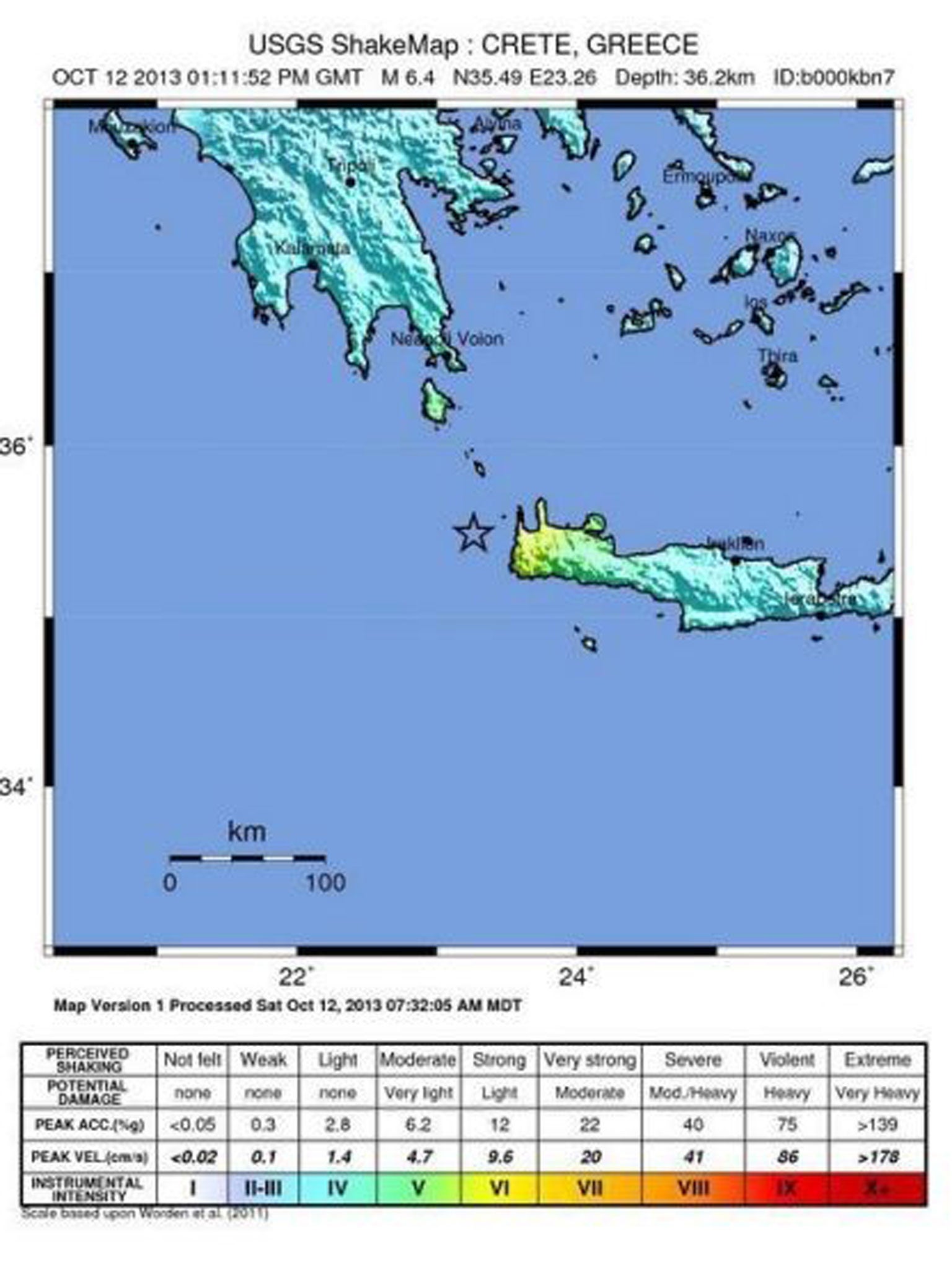 A handout image made available 12 October 2013 by the US Geological Survey shows the epicenter of the 6.4-magnitude earthquake that struck at a depth of 36.2 kilometres off the western tip of Crete, Greece, at 4.11pm (1311 GMT)