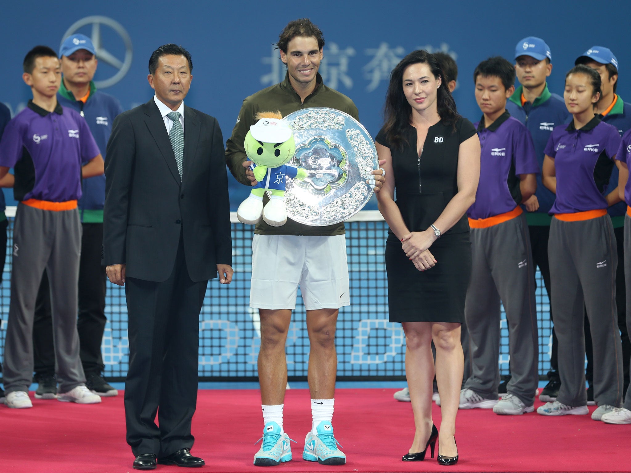 BEIJING, CHINA - OCTOBER 06: Rafael Nadal of Spain poses for photographers at the trophy ceremony during the final of the 2013 China Open at the National Tennis Center