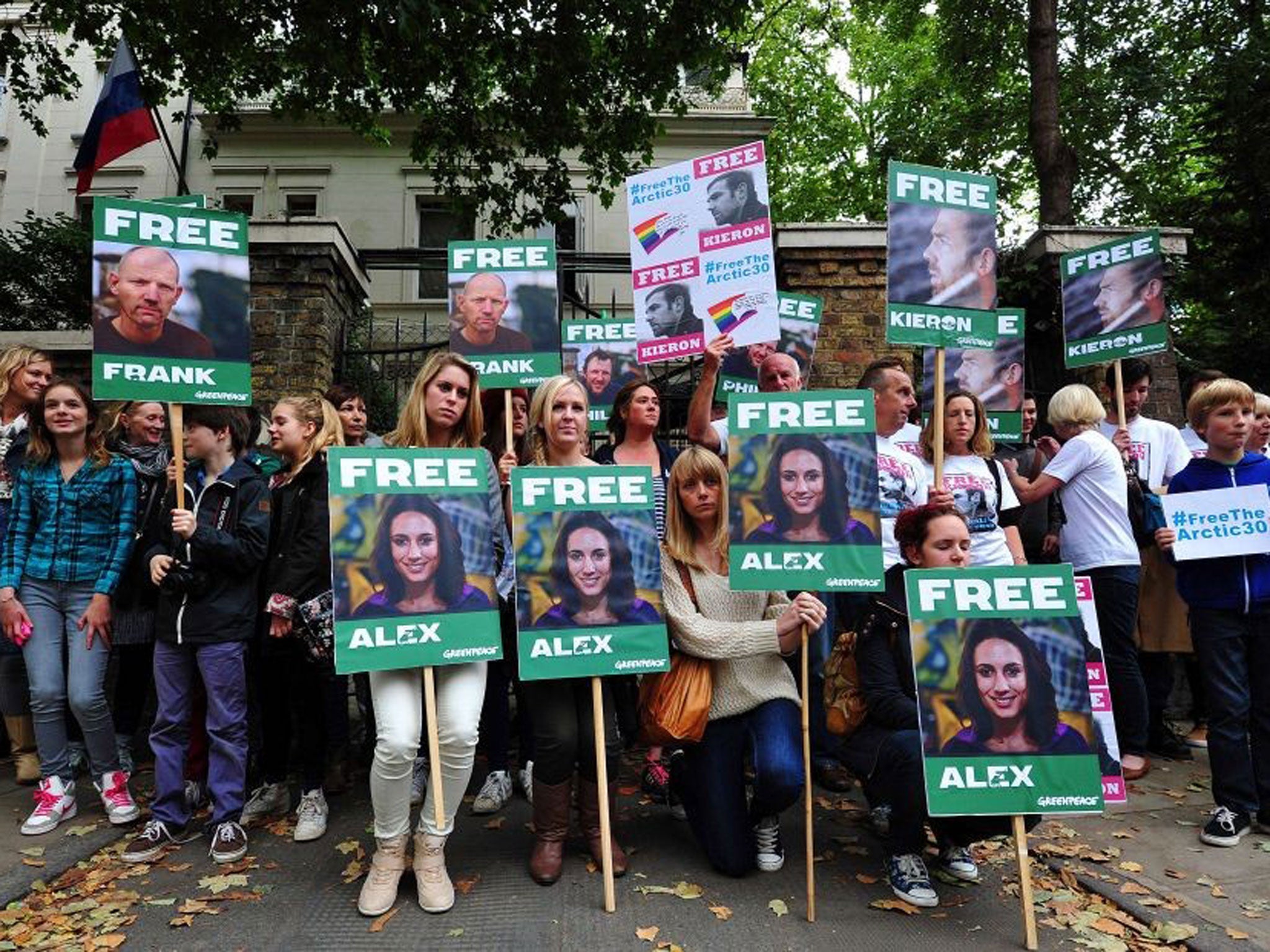 Green protest: Supporters of the detainees outside London’s Russian embassy