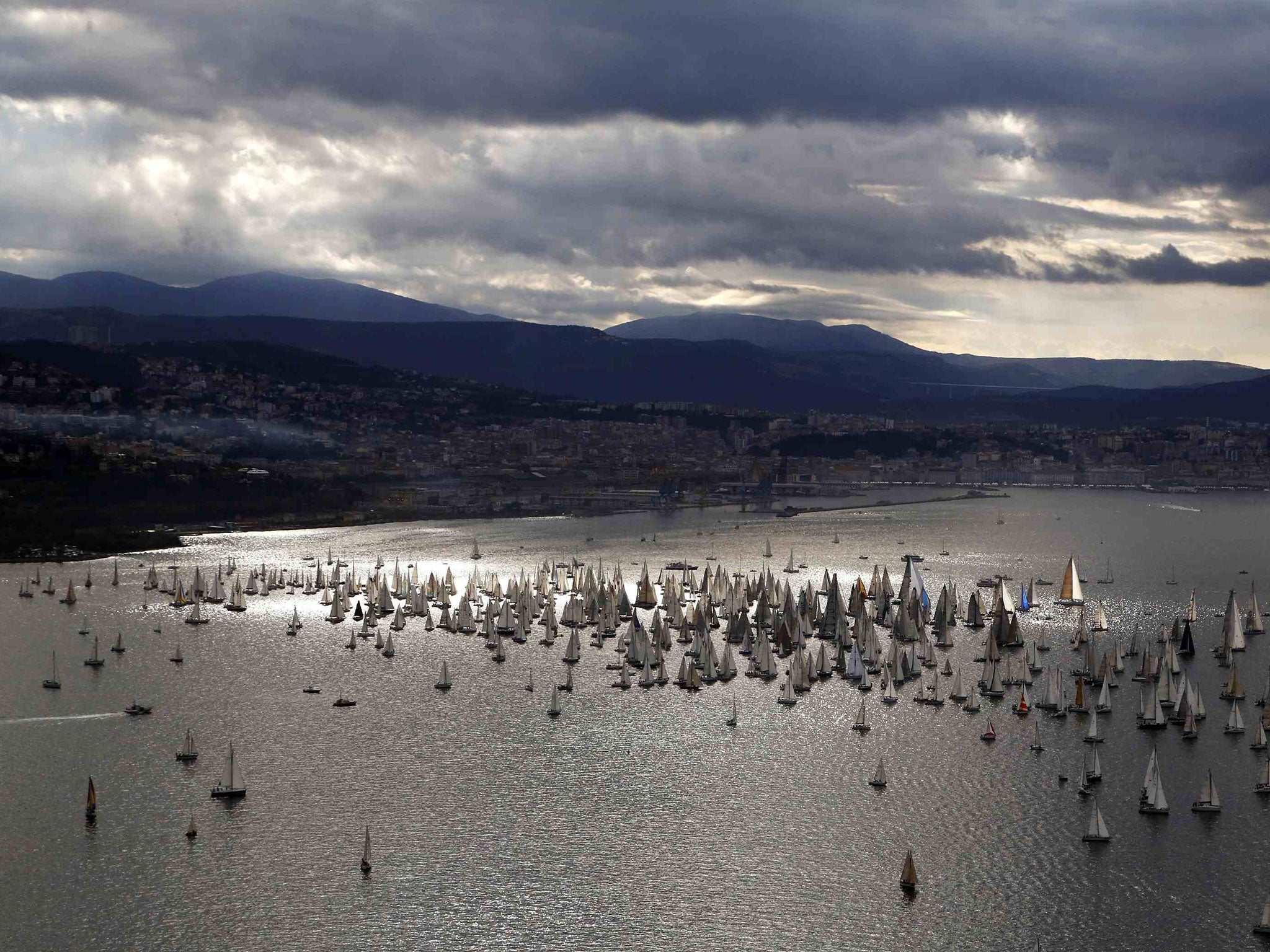 A vast flotilla of yachts gathers in the Italian port of Trieste for the annual Barcolana regatta