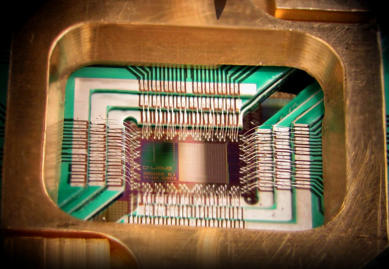 A close-up of a quantum computing chip used by a D Wave computer.