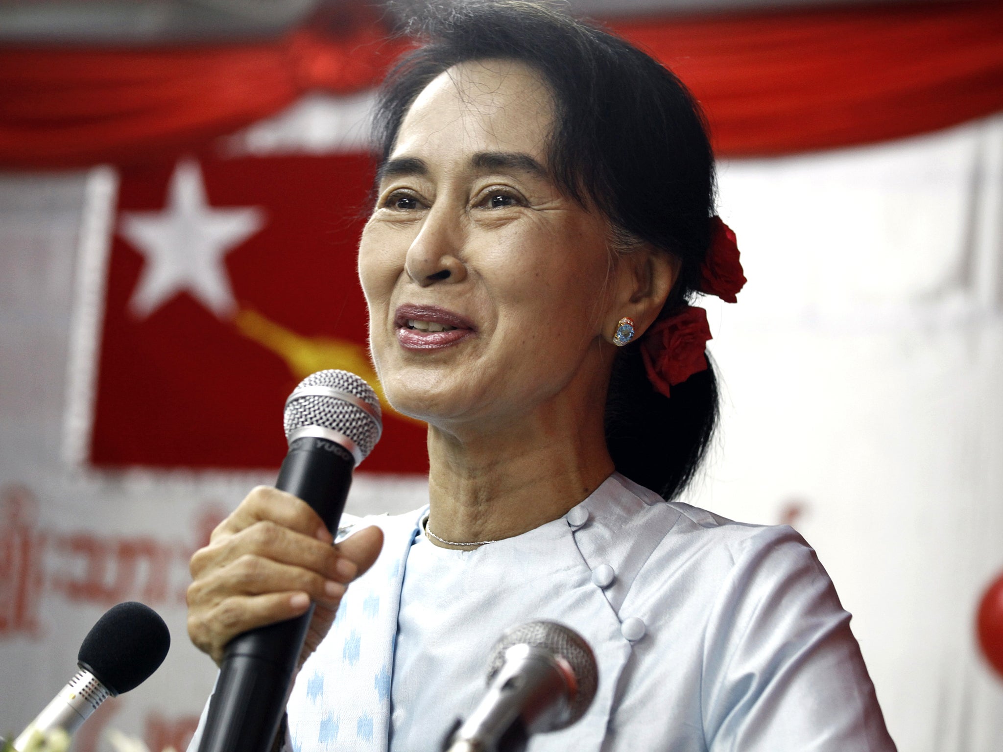 Aung San Suu Kyi delivers a speech at the National League for Democracy (NLD) headquarters in Yangon, last month