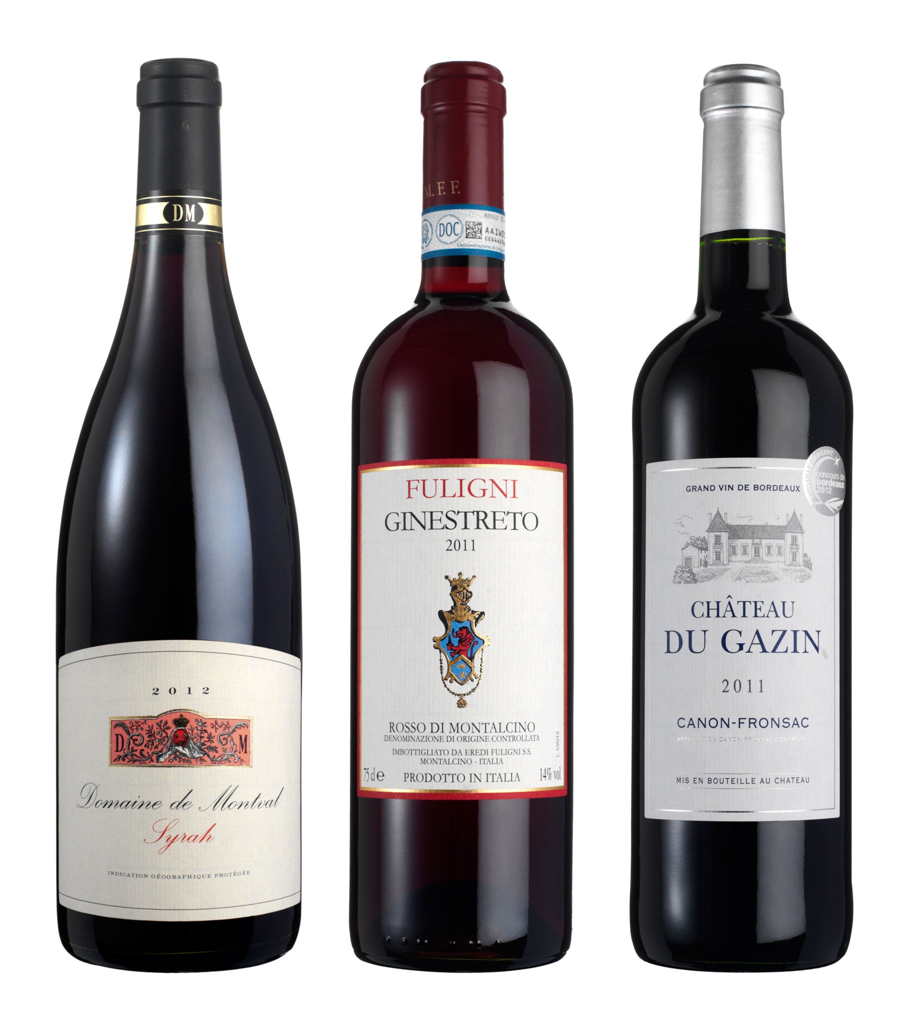 2012 Domaine de Montval Syrah, PGI Pays du Gard; 2011 Rosso di Montalcino Fuligni Ginestreto; 2011 Château du Gazin