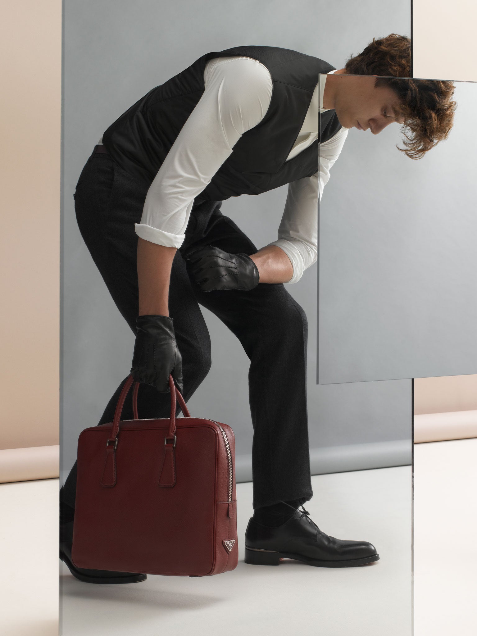 SHIRT, £325, TOP, FROM A SELECTION, TROUSERS, £600, AND GLOVES, £245, ALL BY ZEGNA, ZEGNA.COM; SHOES, £800, BY HERMÉS, AS BEFORE; BAG, £1,230, BY PRADA, PRADA.COM