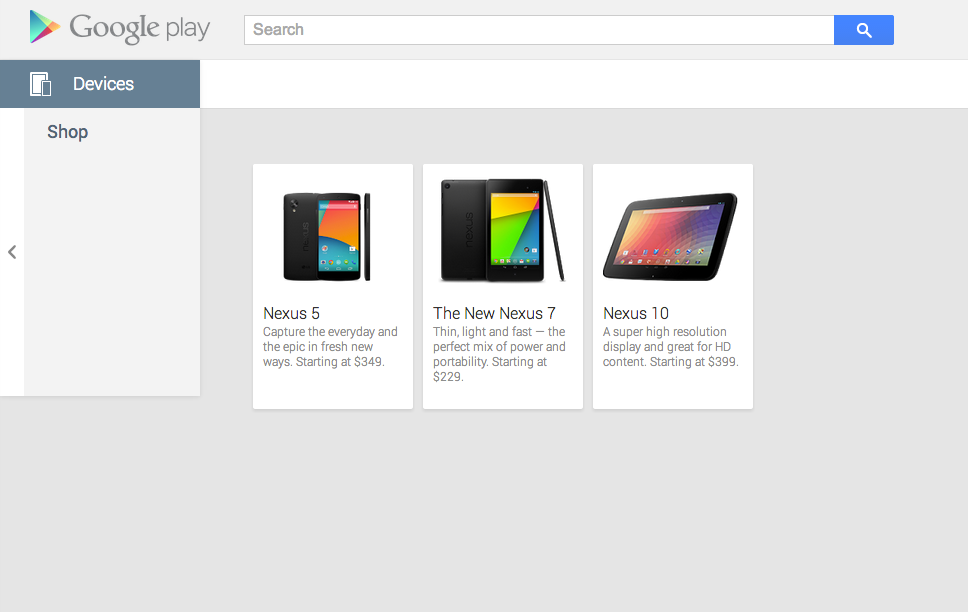 The original listing from Google Play - showing the Nexus 5 alongside the Nexus 7 and 10.