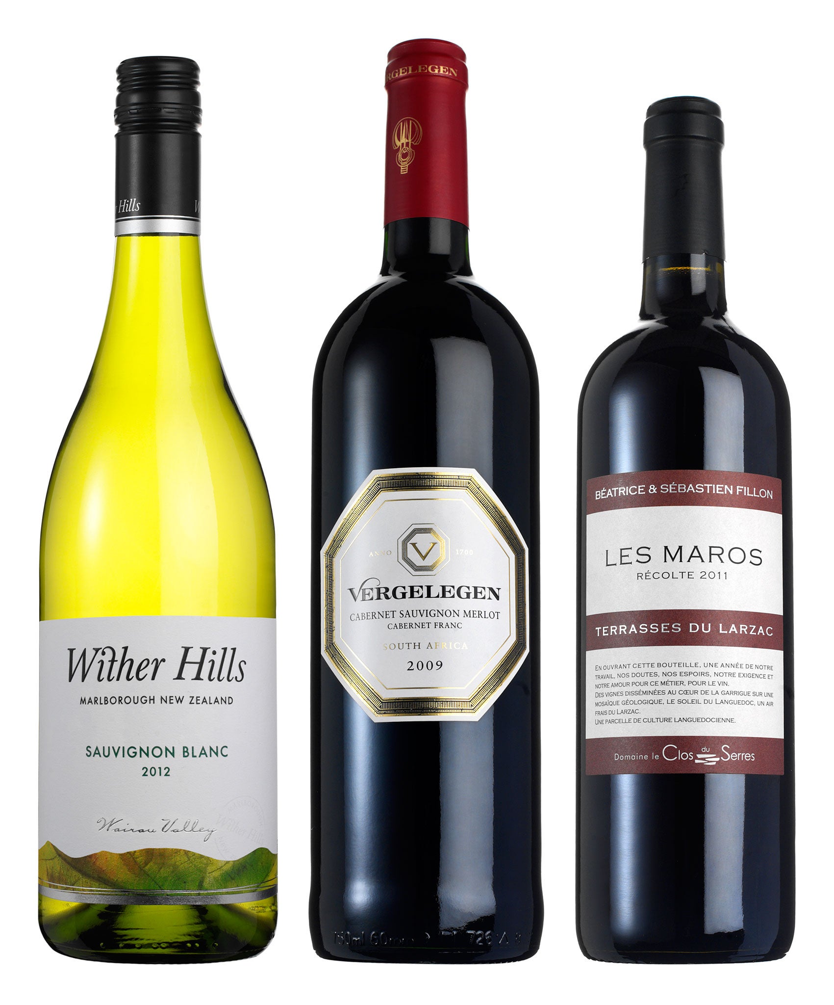 Wither Hills Sauvignon Blanc 2012; Vergelegen Cabernet Sauvignon Merlot 2009; Les Maros, Terrasses du Larzac, 2011