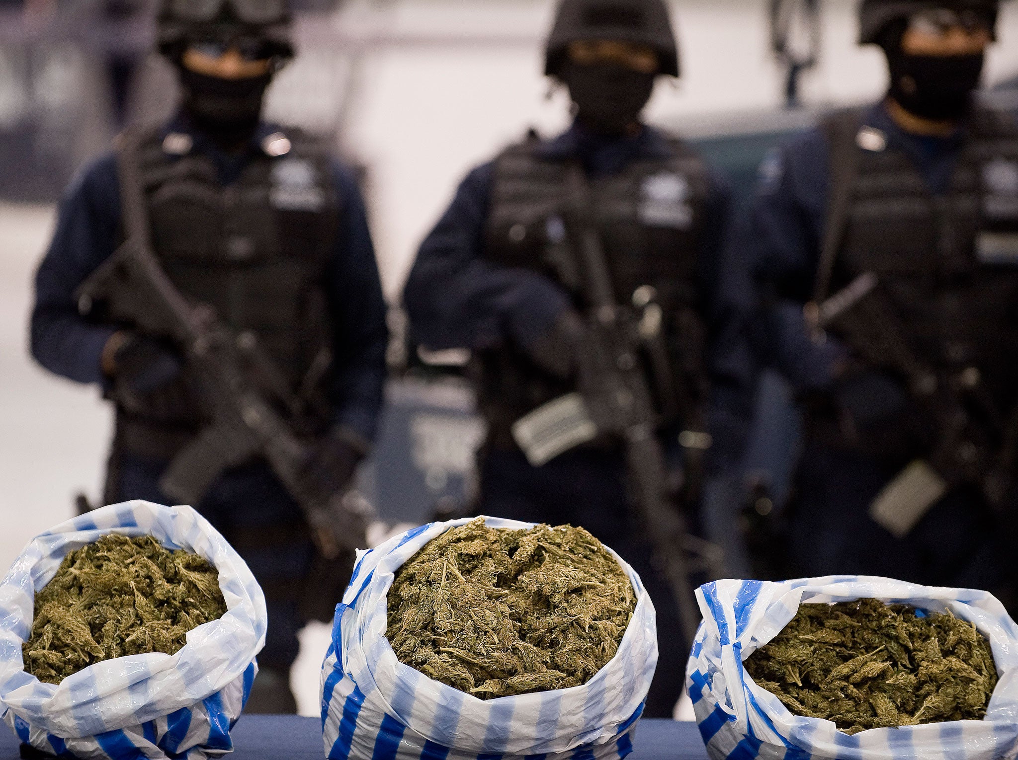 Members of the federal police guard three sacks of marijuana following the arrest of an alleged cartel leader in Acapulco