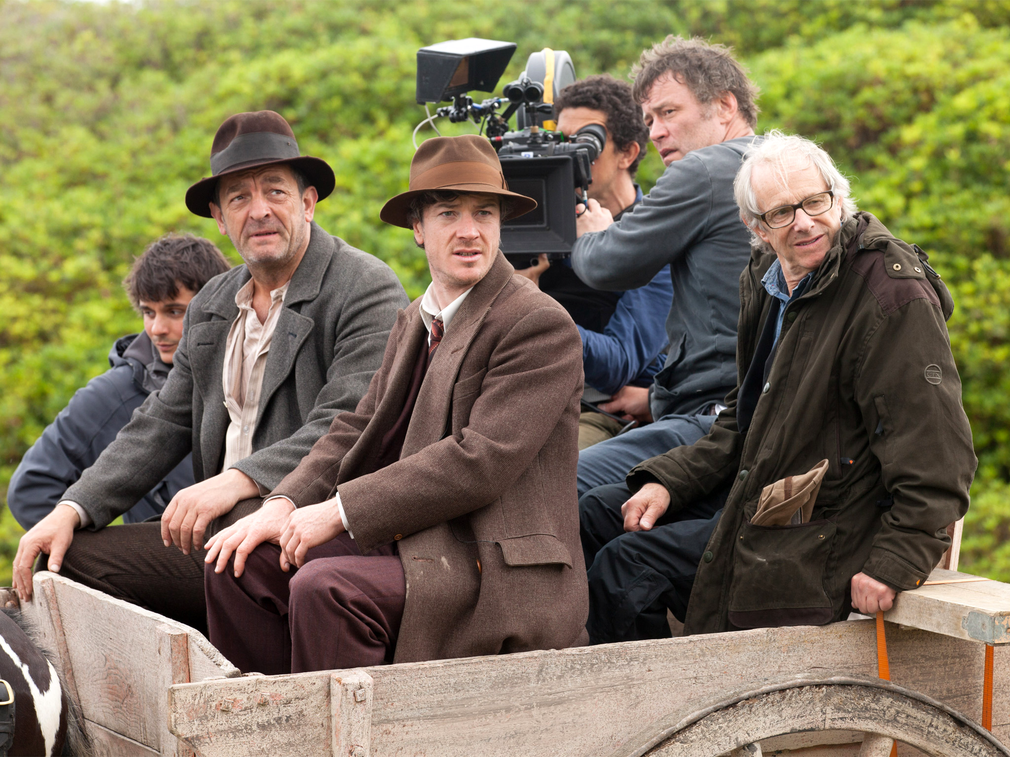 Ken Loach (right) on the set of 'Jimmy’s Hall' (Sixteen films)