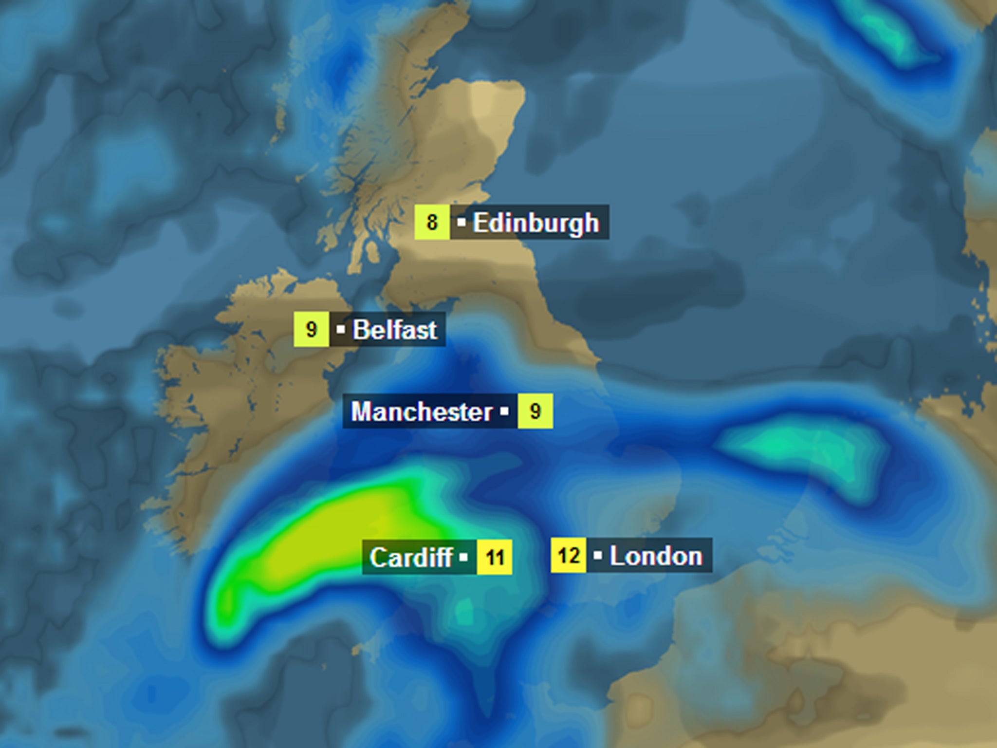 How the BBC weather site shows the heavy rain forecast along with gales on Sunday night