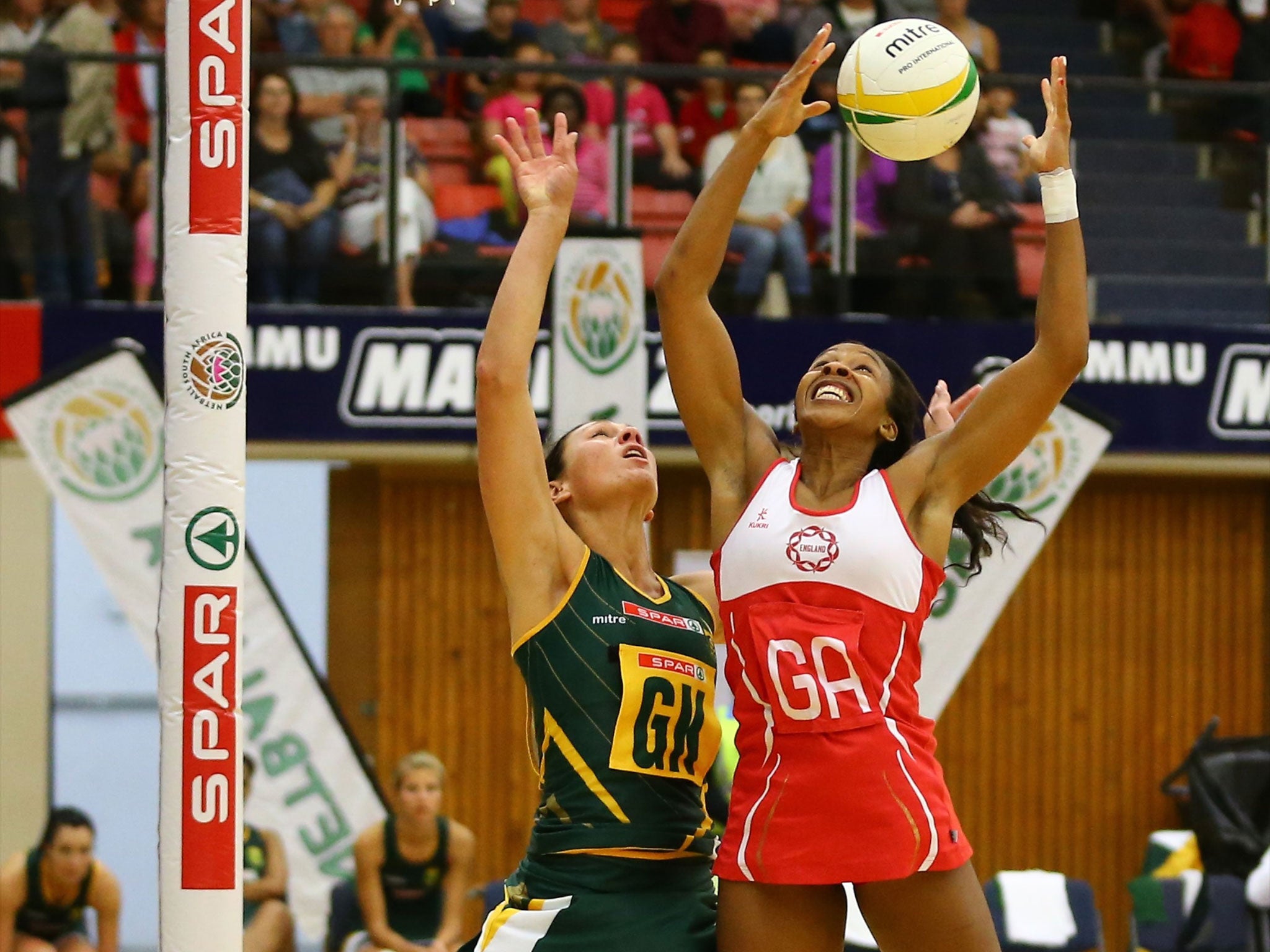 England captain Pamela Cookey (right) competes for the ball