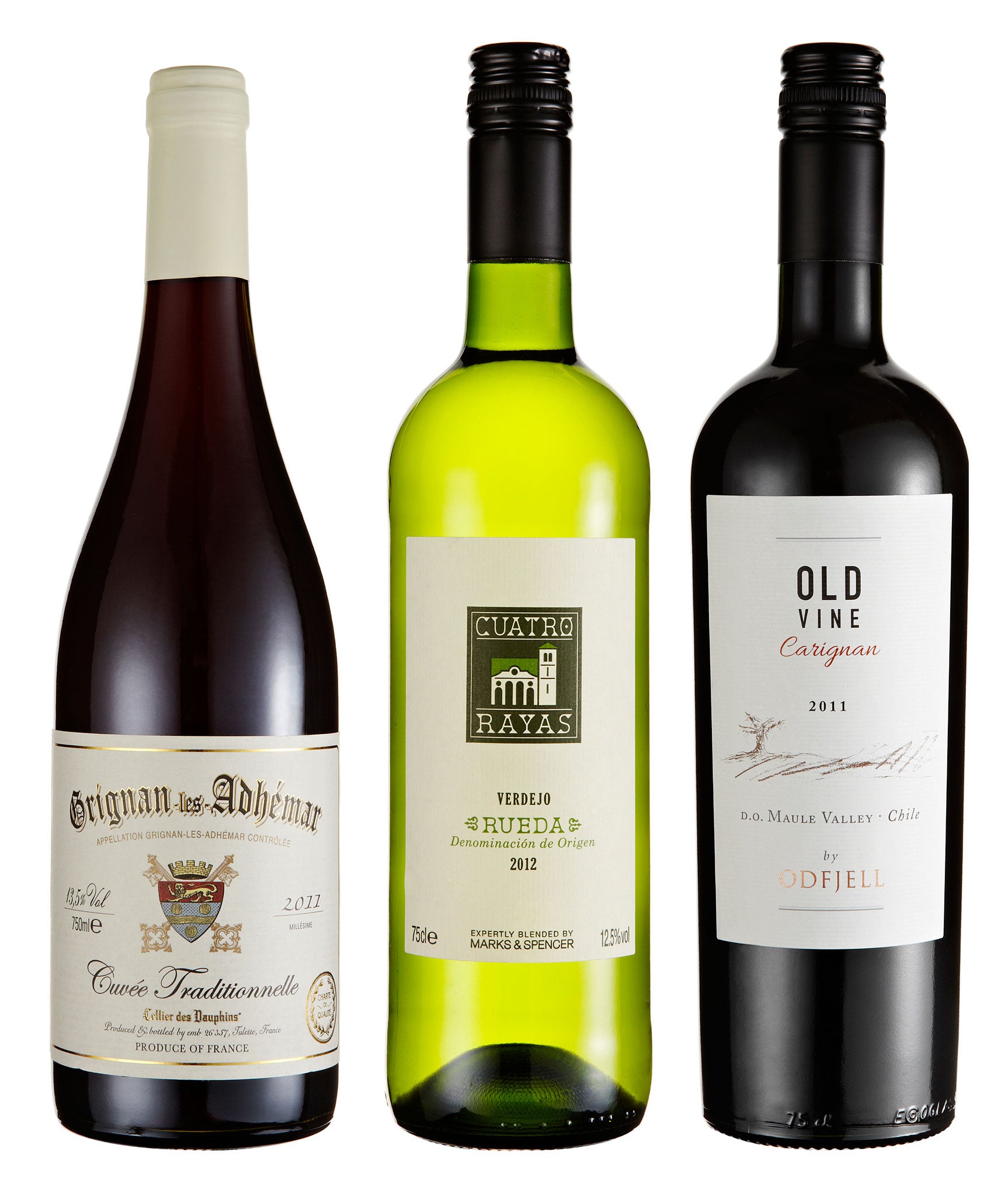 Grignan-les-Adhémar Cuvée Traditionelle 2011; Cuatro Rayas Verdejo 2012; Odfjell Old Vine Carignan 2011