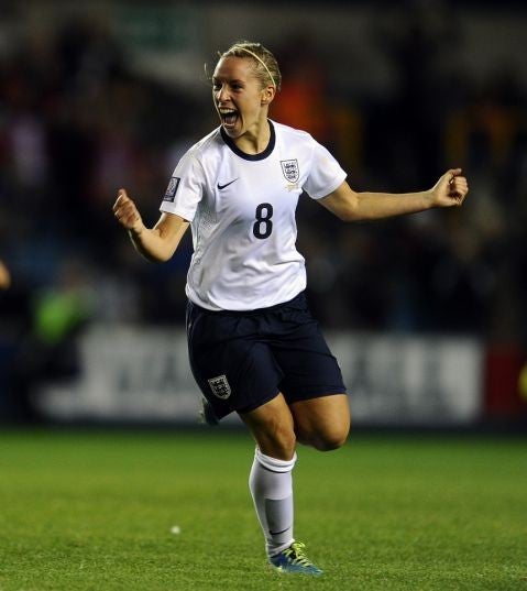 Roar talent: Jordan Nobbs celebrates scoring England’s first goal last night