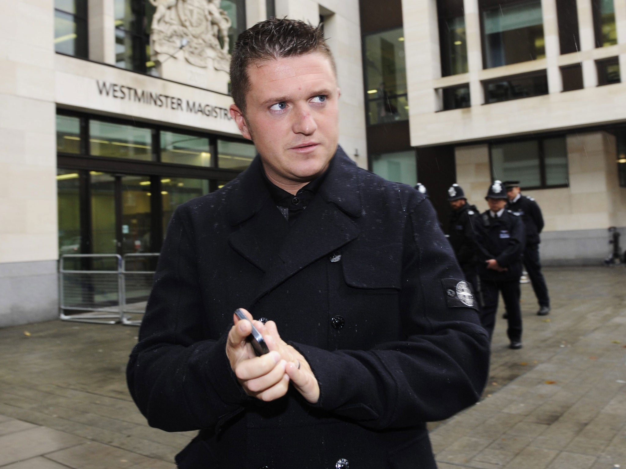 Tommy Robinson outside Westminster Magistrates' Court