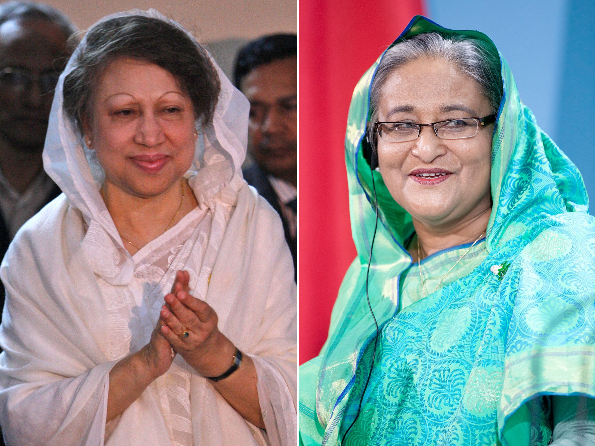 Khaelda Zia, left, and Sheikh Hasina, right, are bitterly divided