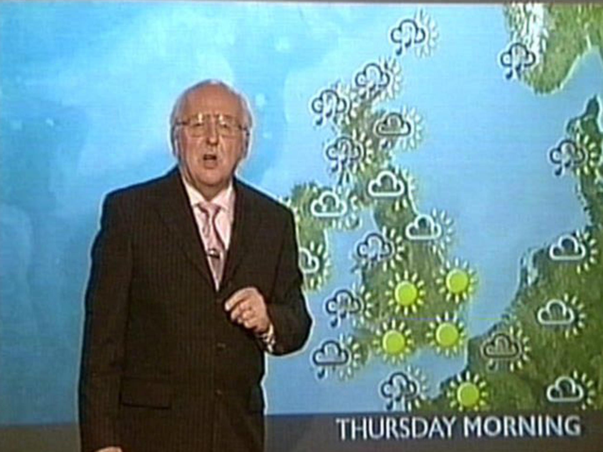 Retired news forecaster Michael Fish, who famously said there wouldn't be a hurricane in 1987 shortly before a devastating storm struck Britain. A tree has collapsed in the broadcaster's back garden in one of the most serious storms to hit the nation since 1987