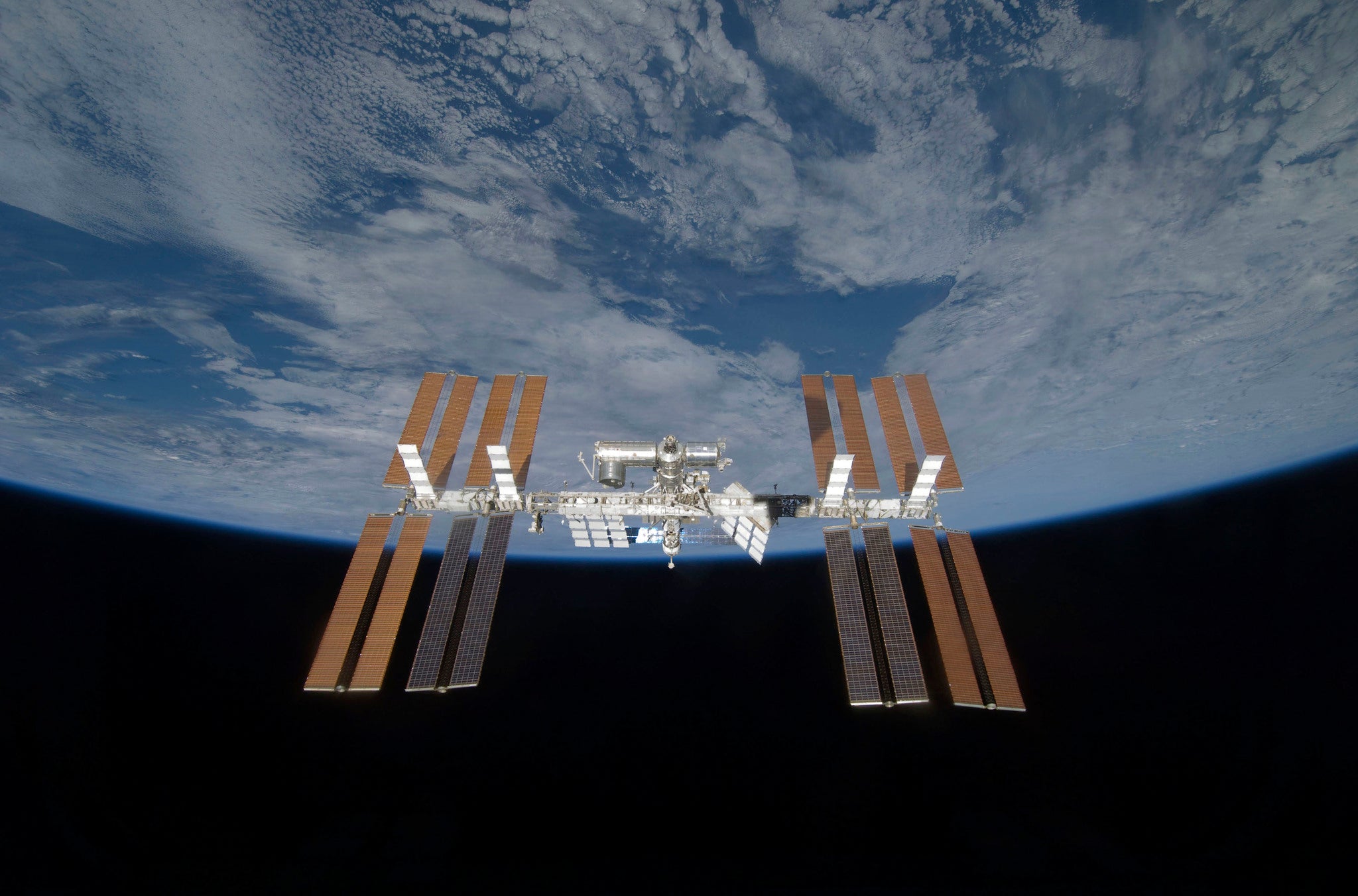 The International Space Station is seen from space shuttle Discovery in 2009.