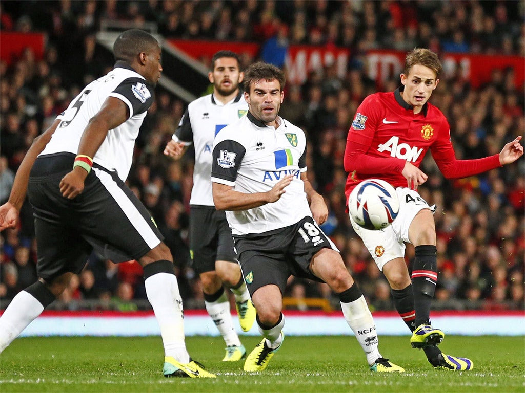 Adnan Januzaj attempts a shot against Norwich