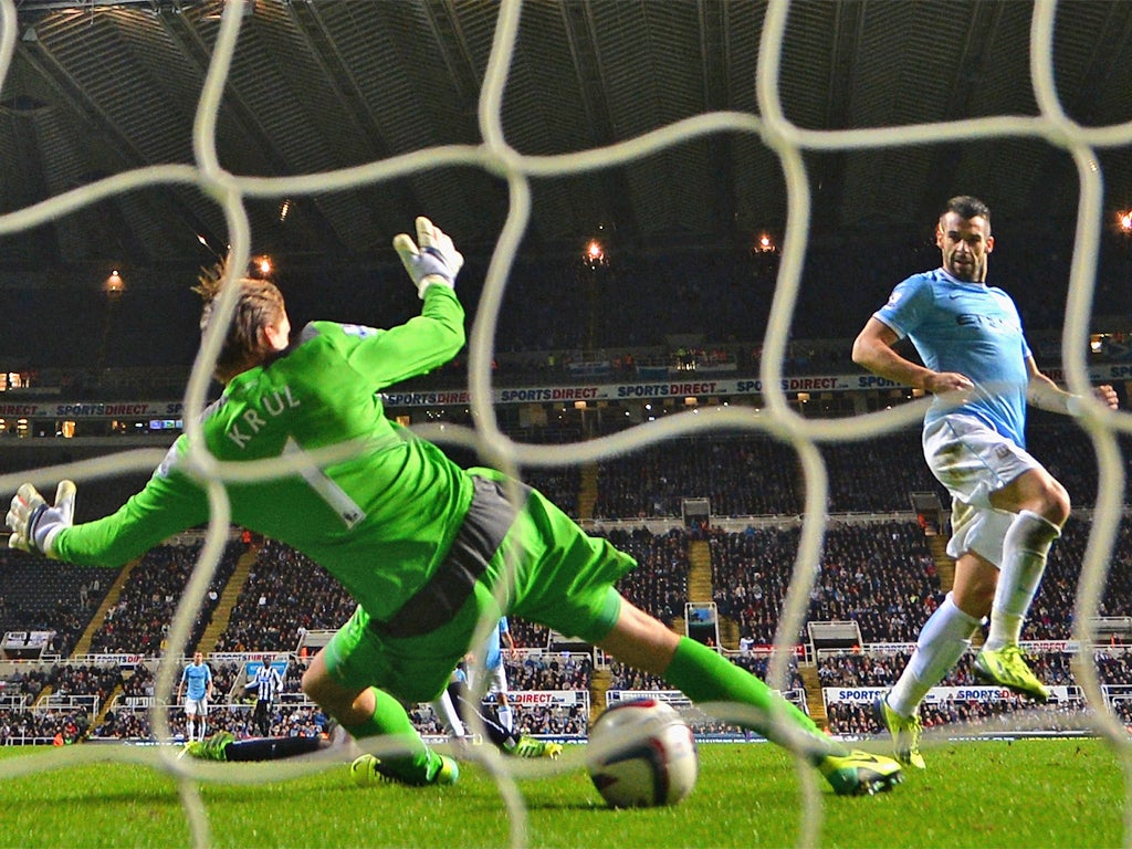 Alvaro Negredo beats Tim Krul to put City 1-0 up