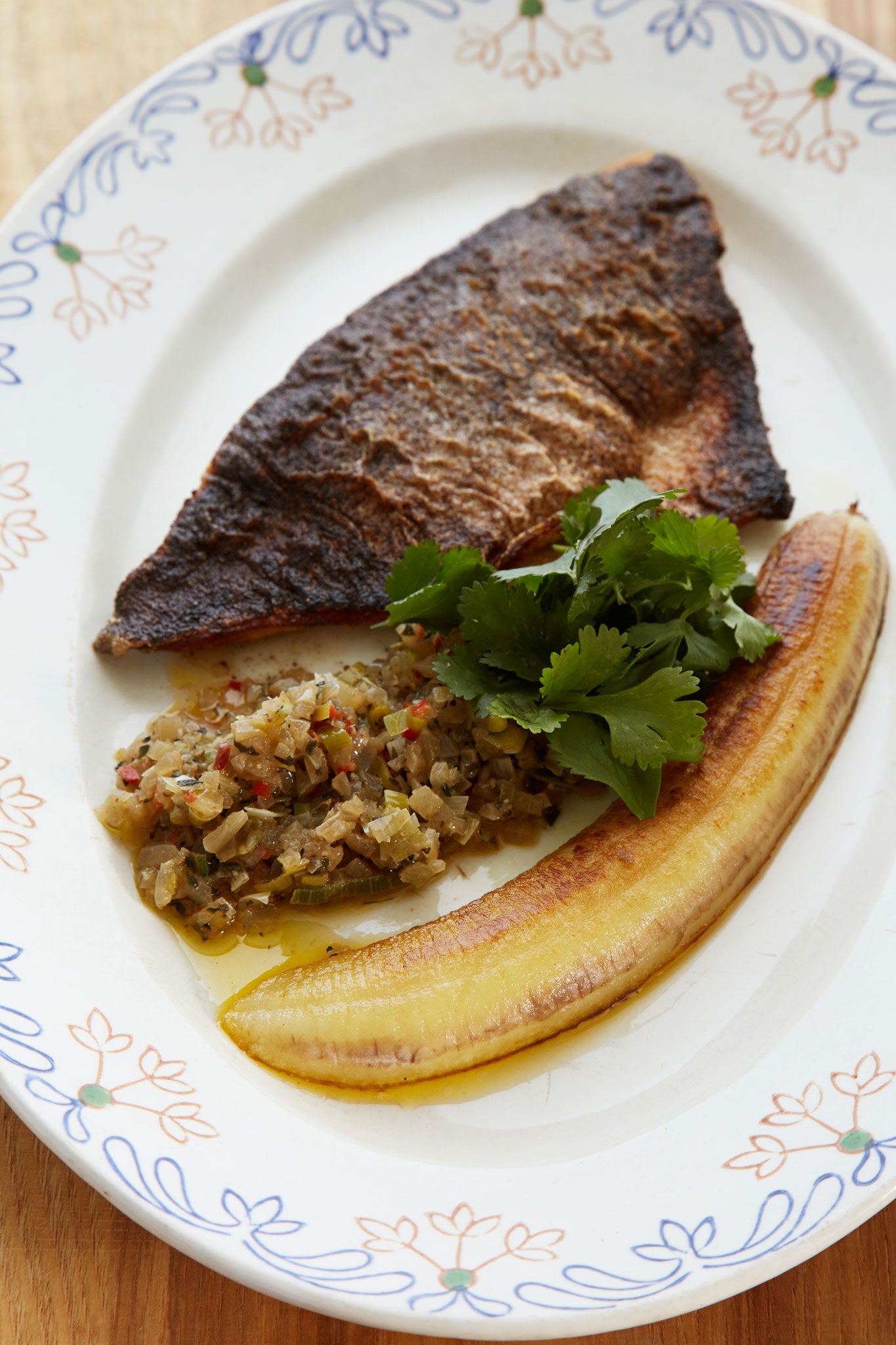 Blackened fish with fried banana