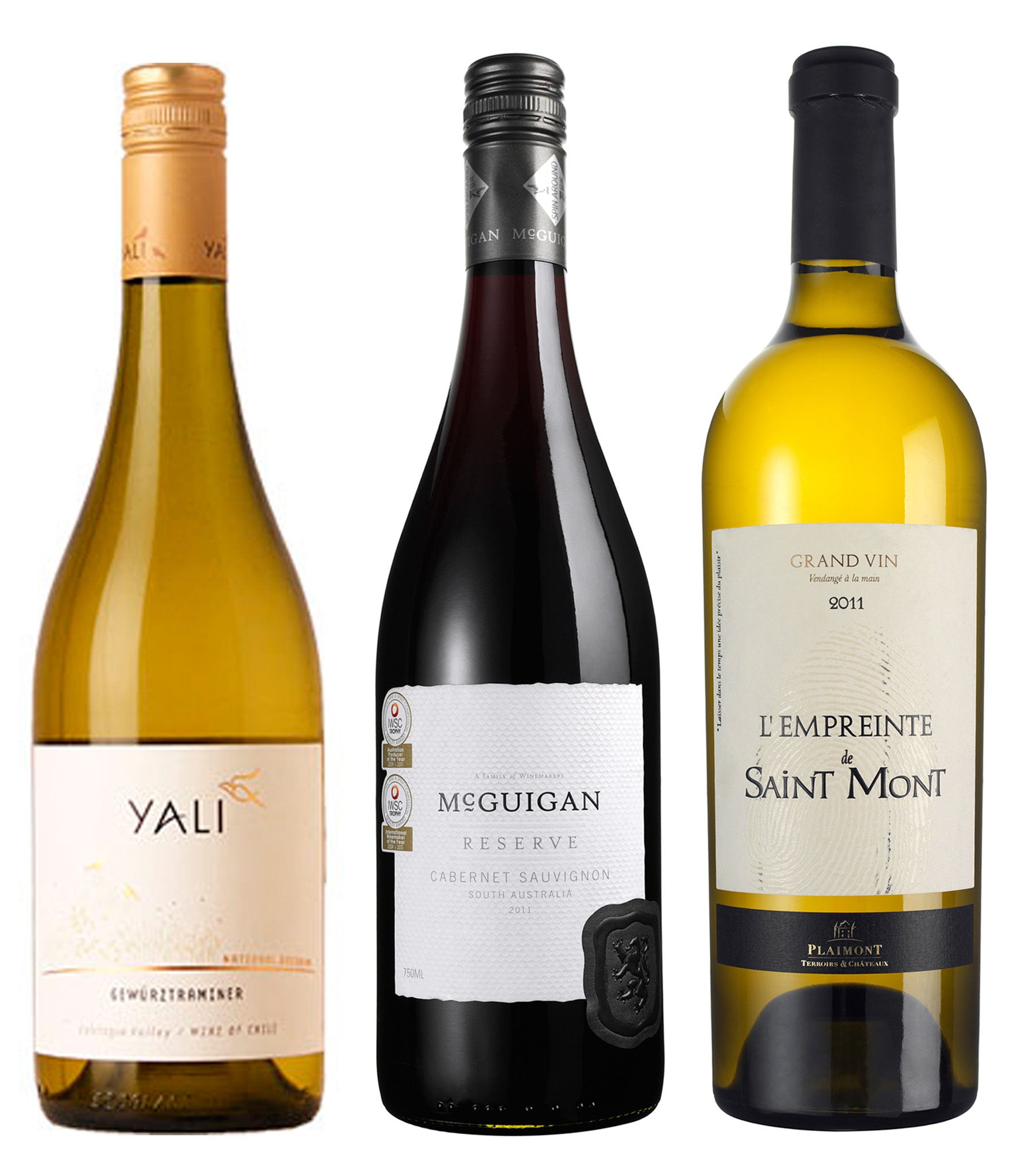 Yali Reserva Gewürztraminer 2013; McGuigan Reserve Cabernet Sauvignon 2011; L'Empreinte de Saint Mont 2011