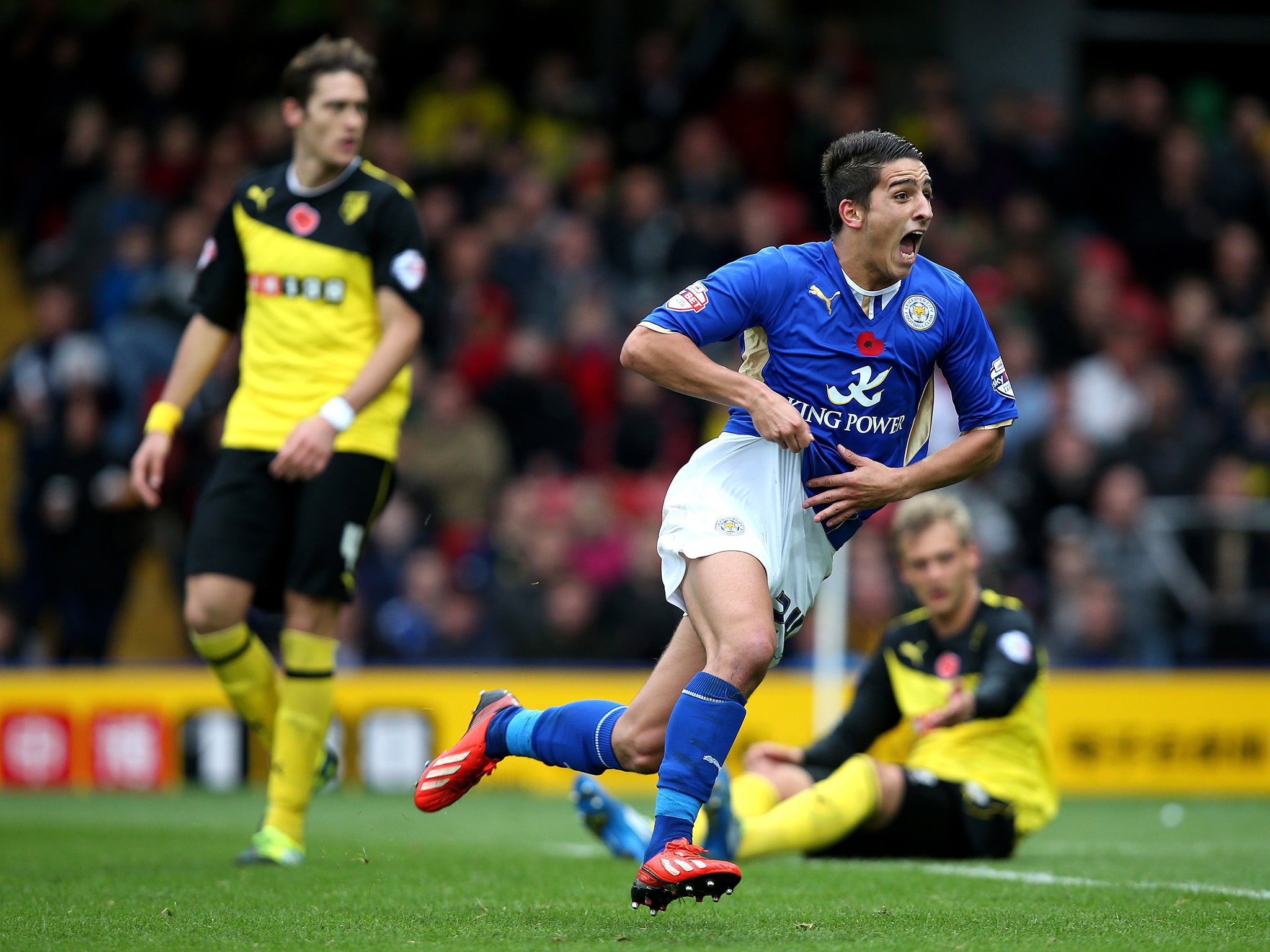 Leicester forward Anthony Knockaert celebrates after scoring against Watford