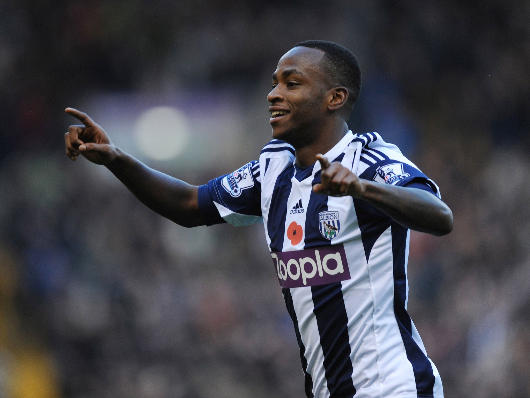 Saido Berahino celebrates scoring the opening West Brom goal against Crystal Palace