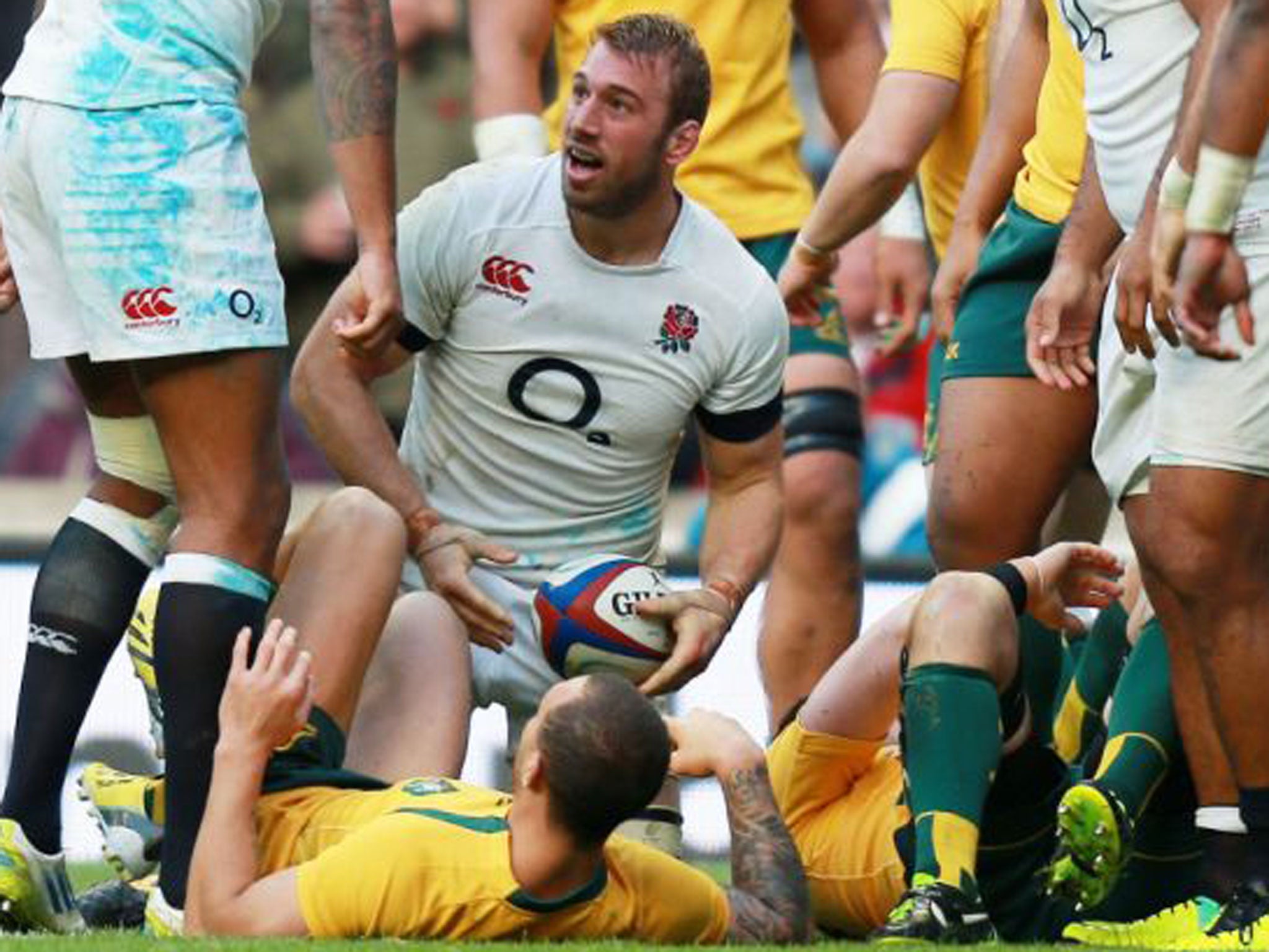 The England captain, Chris Robshaw, celebrates his try against Australia