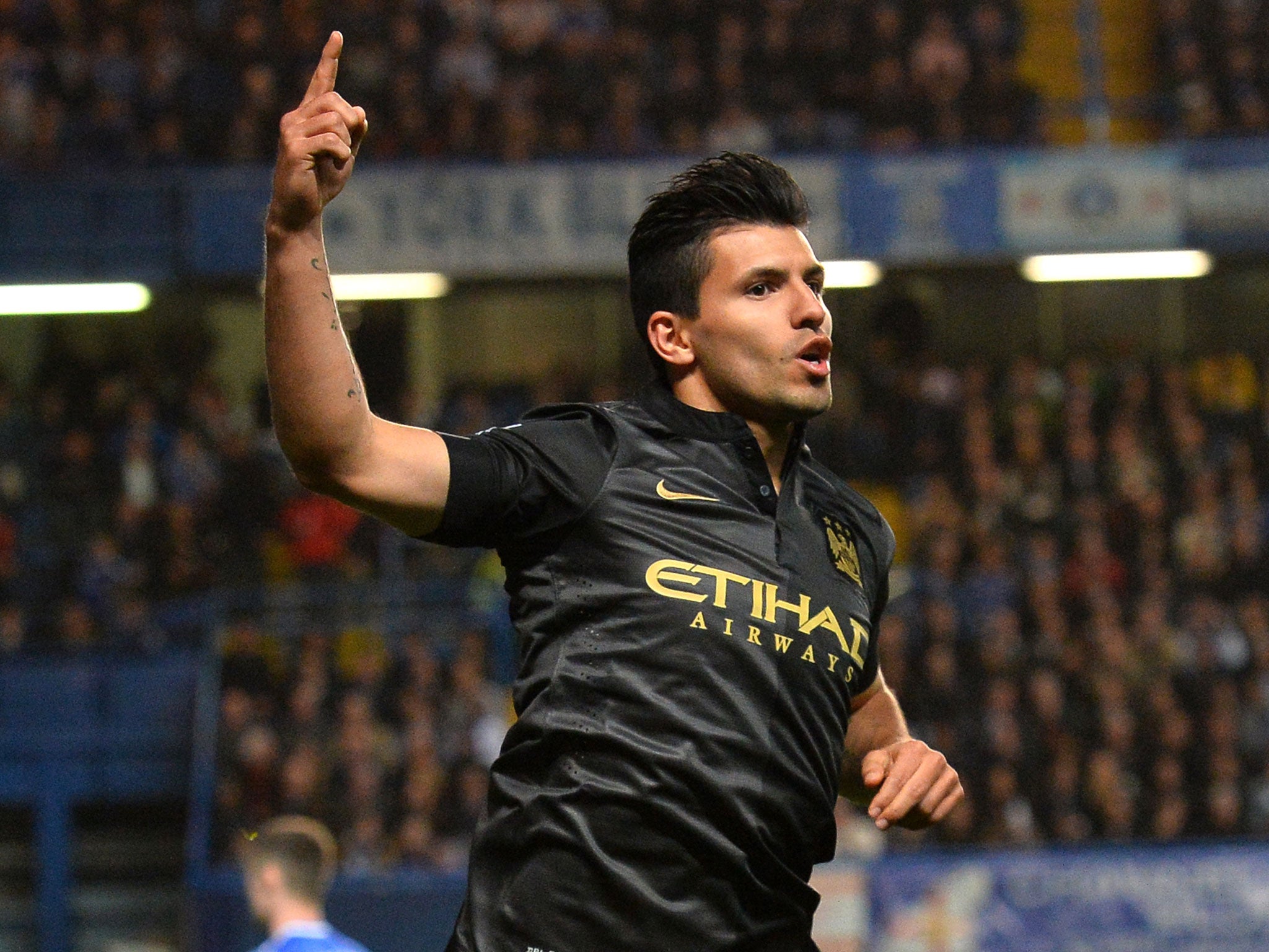 Sergio Aguero celebrates his strike against Chelsea last month
