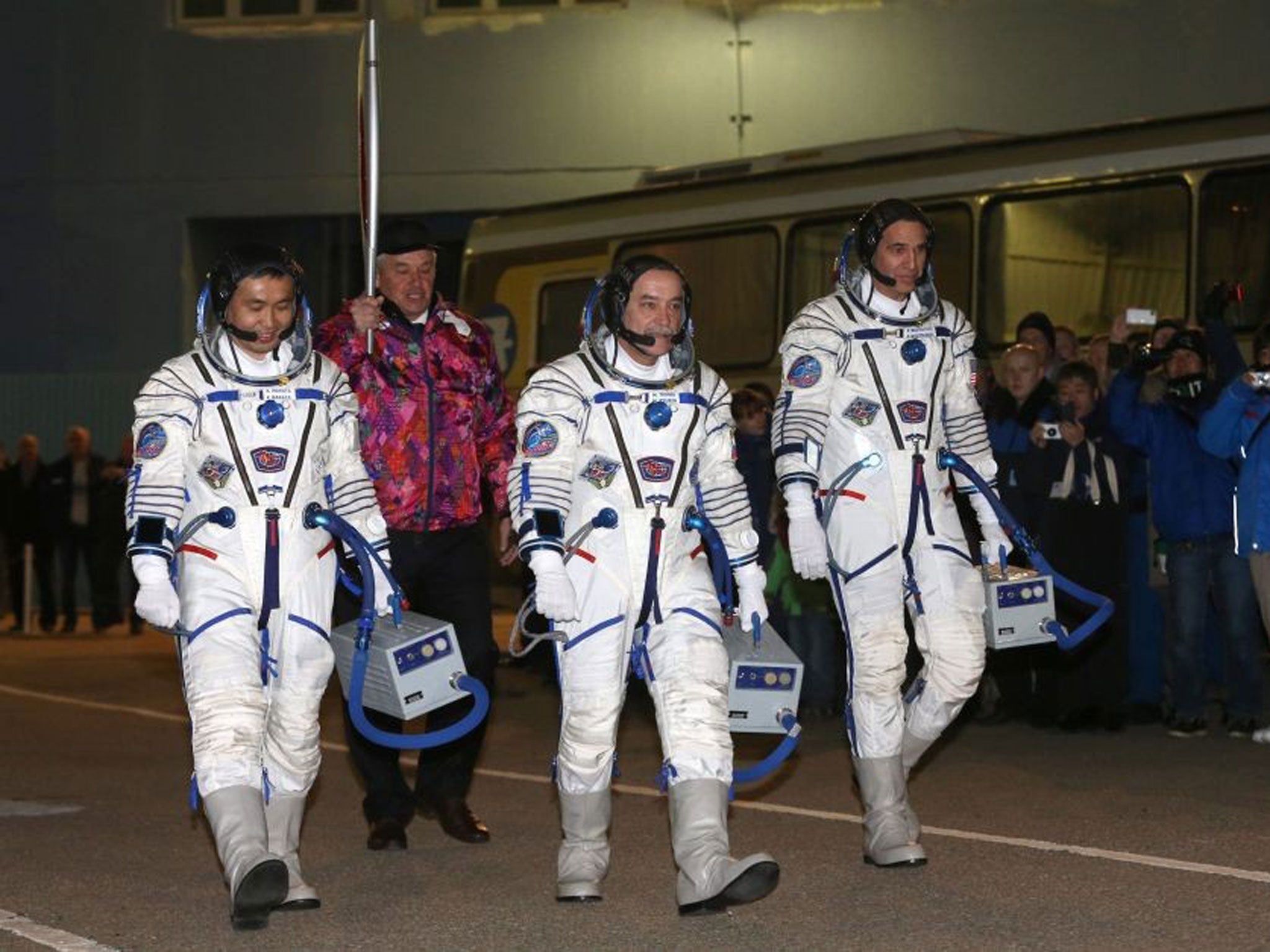 (L-R): Koichi Wakata, Mikhail Tyurin and NASA's Rick Mastracchio