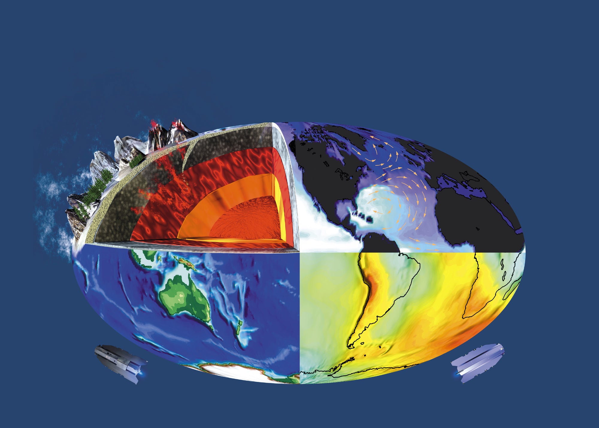 An illustration representing the different areas of GOCE's study - including seismic activity (top left) and gravity variations (bottom right). Credit: ESA