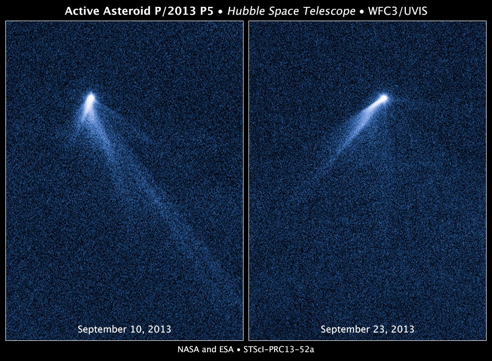 Images from the Hubble telescope on the 10th and 23rd of September, showing how the tails of the asteroid have spun "like a rotating lawn sprinkler." Image credit: Hubble.