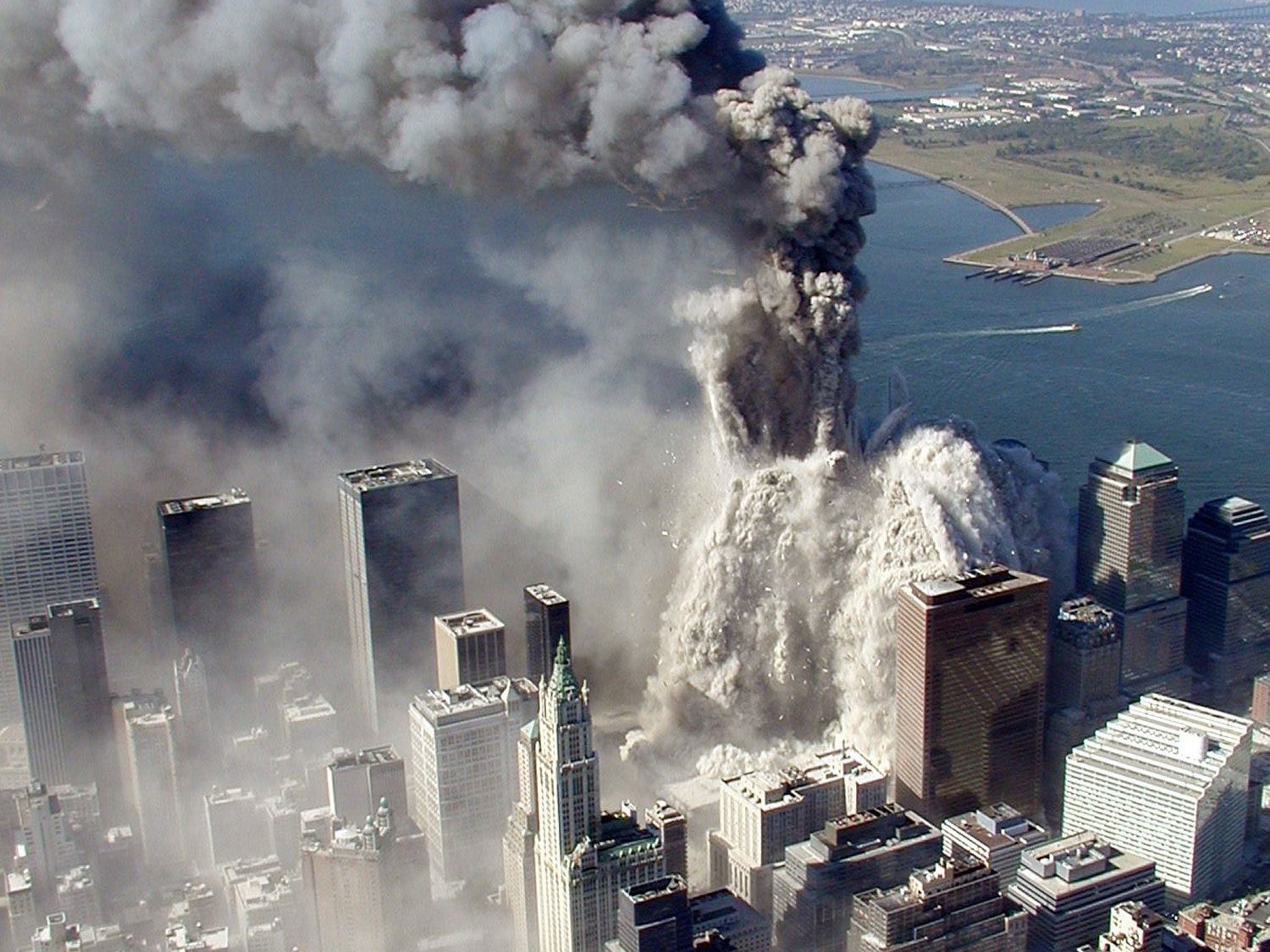 A tower collapses during the 9/11 attacks