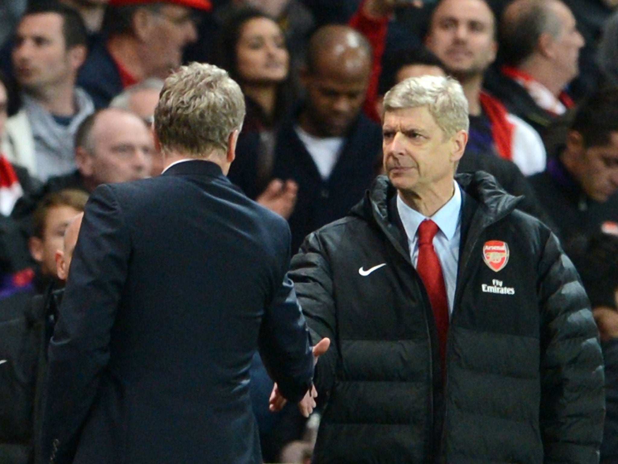 Arsène Wenger and David Moyes shake hands in April this year after their last meeting finished 0-0 at the Emirates (Getty)