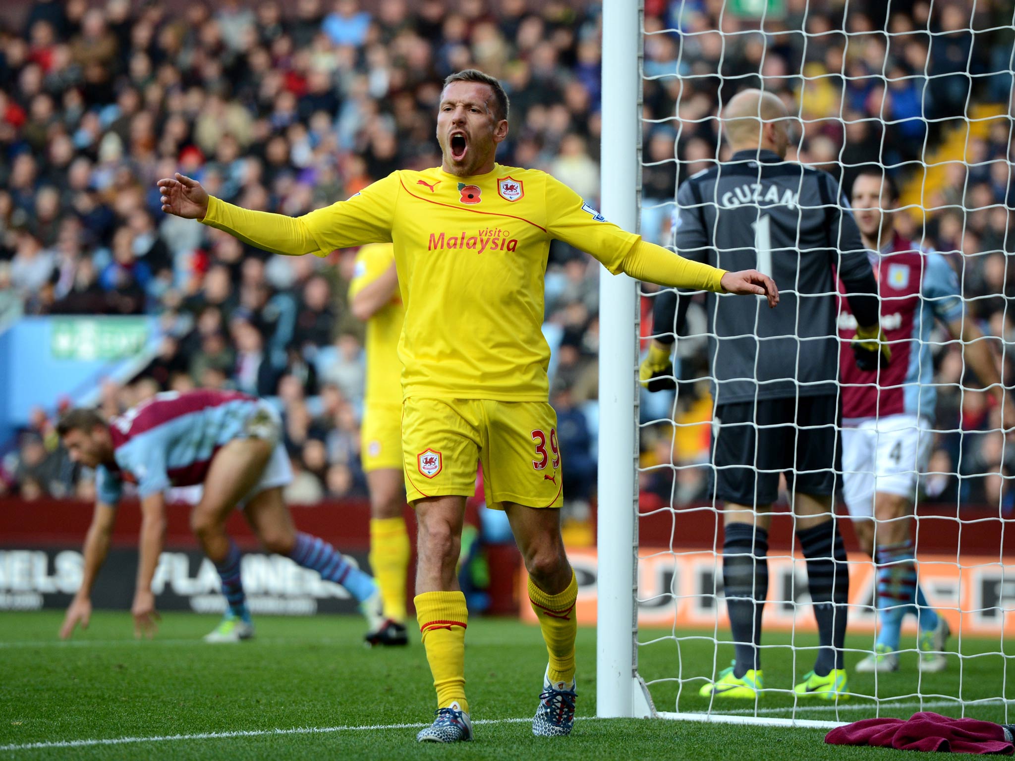 A frustrated Craig Bellamy of Cardiff reacts after a missed chance against Aston Villa