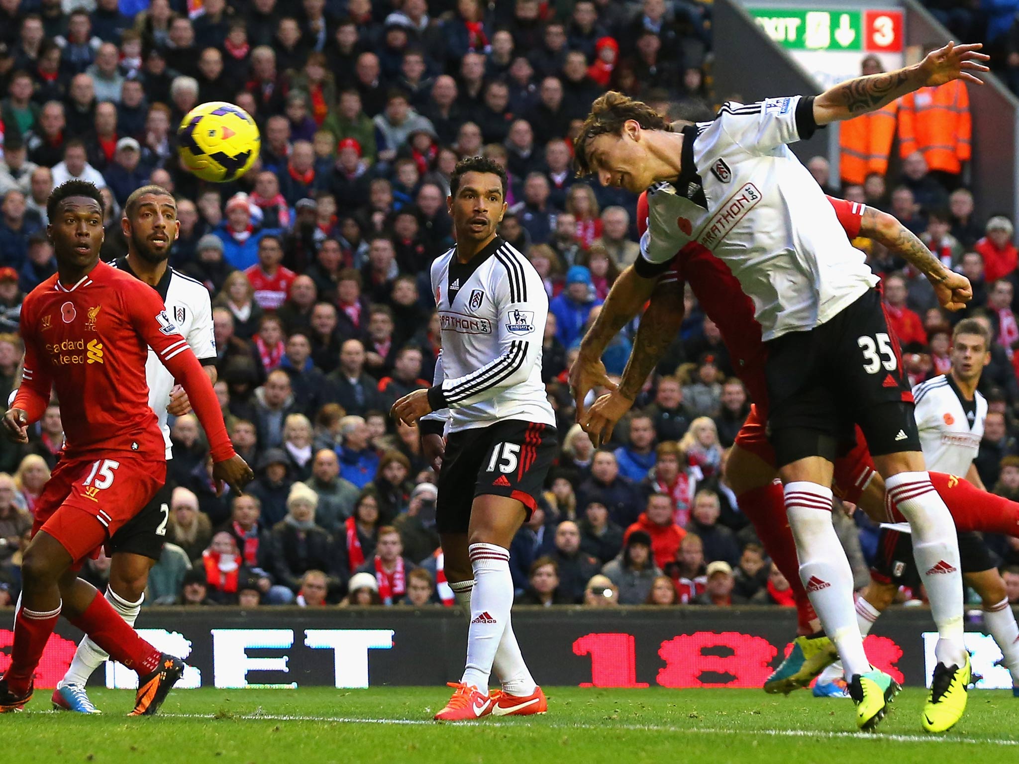 Martin Skrtel of Liverpool (obscured by #35) scores the second goal