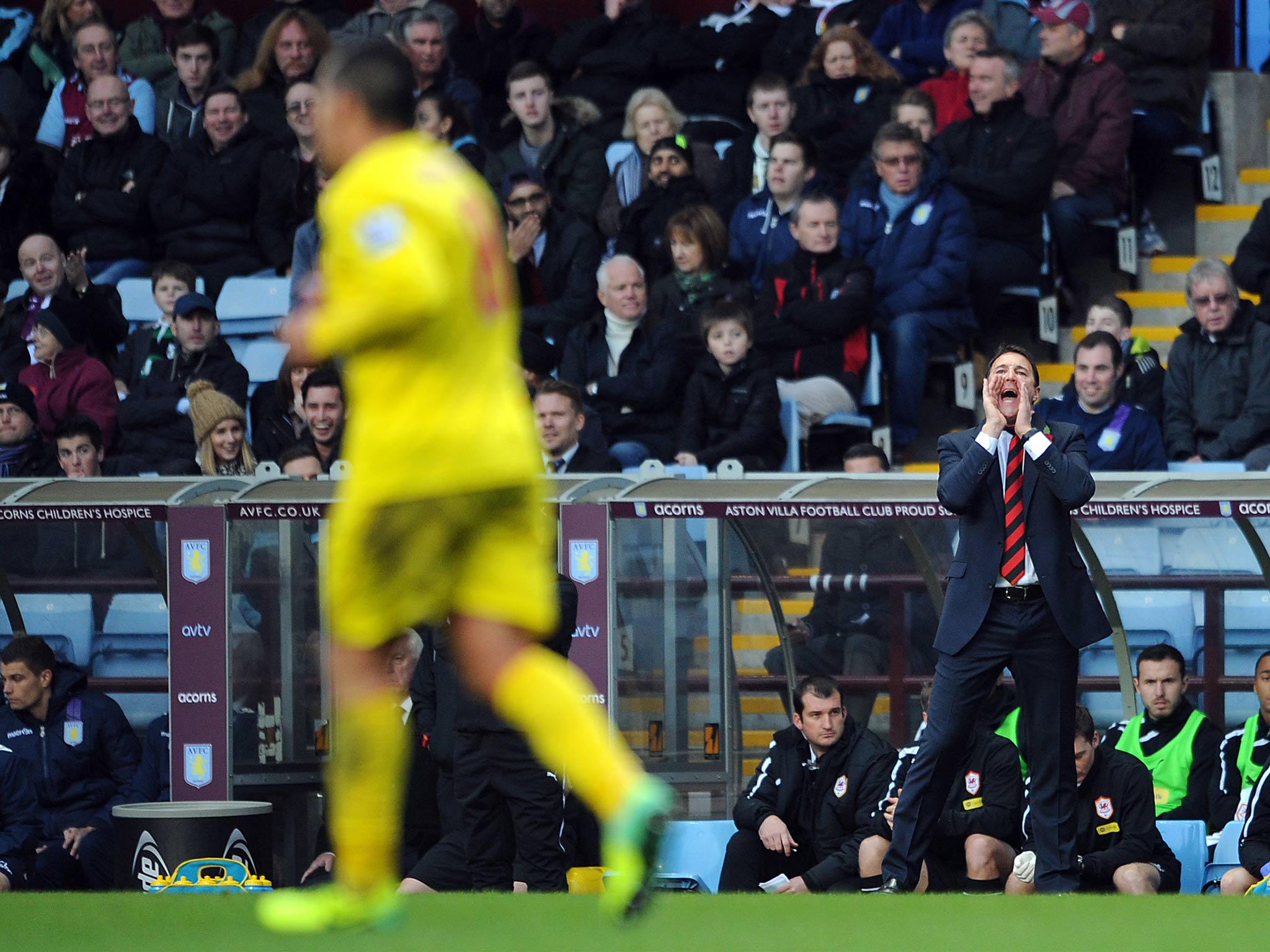 Cardiff City manager Malky Mackay shouts instructions from the touchline during the Barclays Premier League match between Aston Villa and Cardiff City at Villa Park