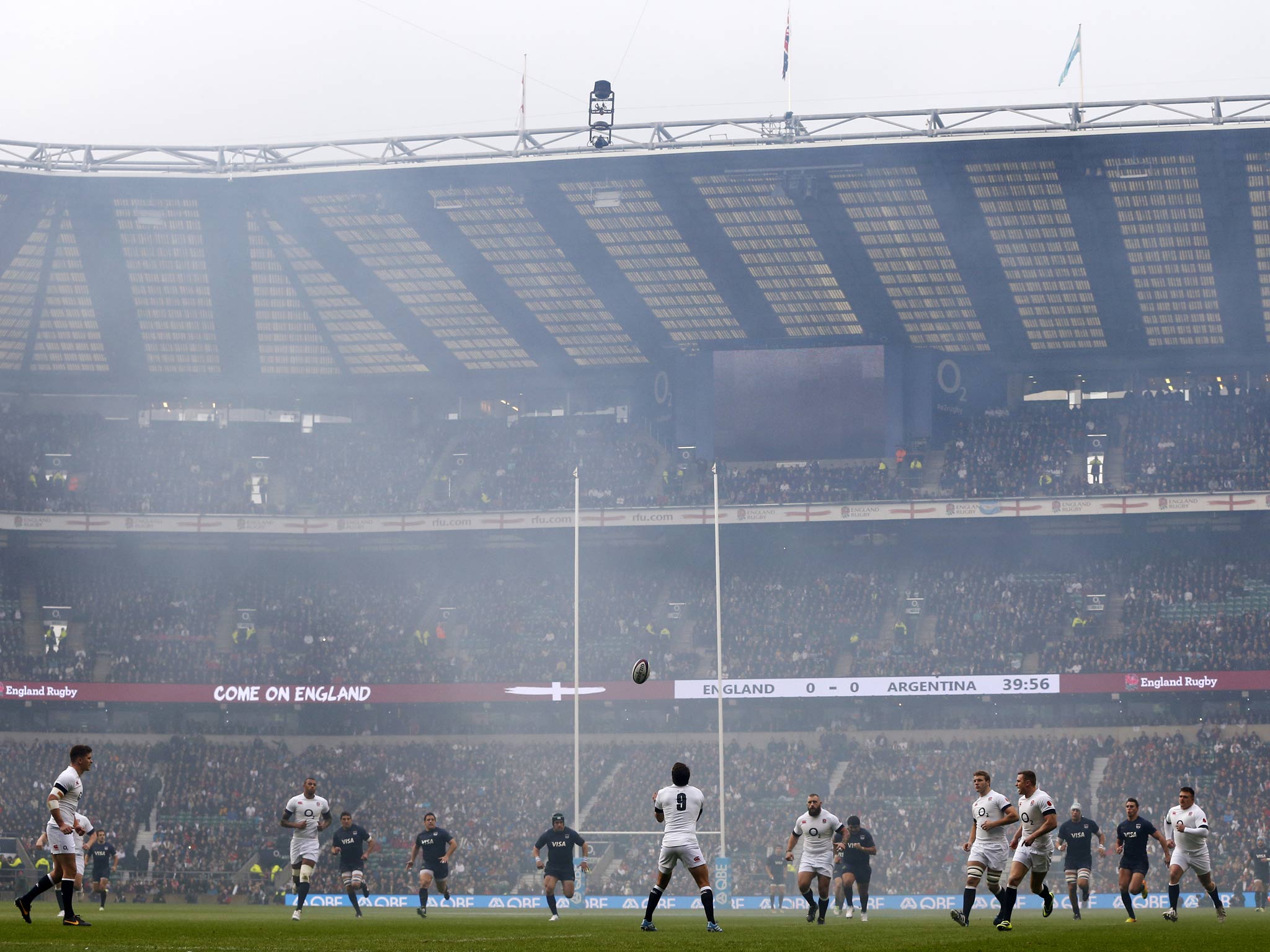 England's scrum half Lee Dickson prepares to catch the opening kickoff of the game against Argentina