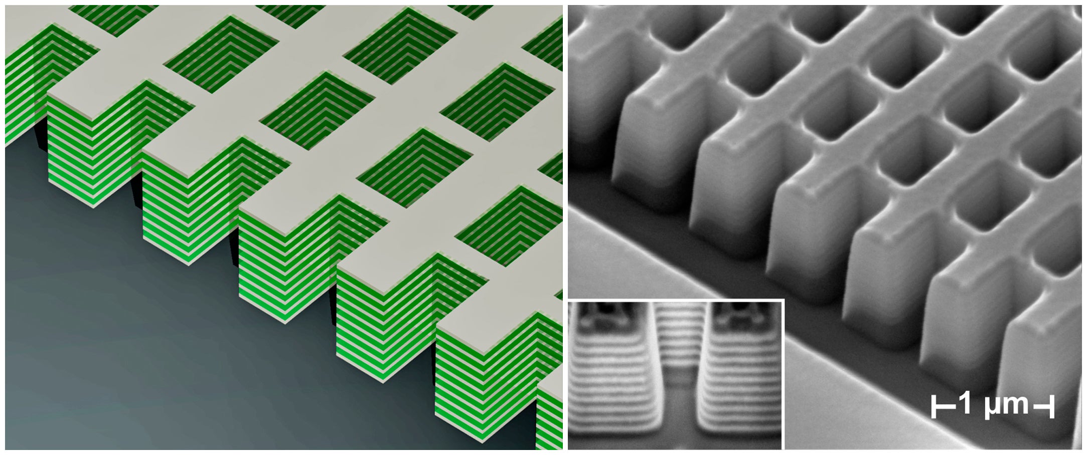 An example of a "fishnet" metamaterial previously used to make invisibility cloaks. The design schematic is shown on the left, and an electron microscope image of the fabricated structure is shown on the right. Image credit: Reuters/UC Berkeley