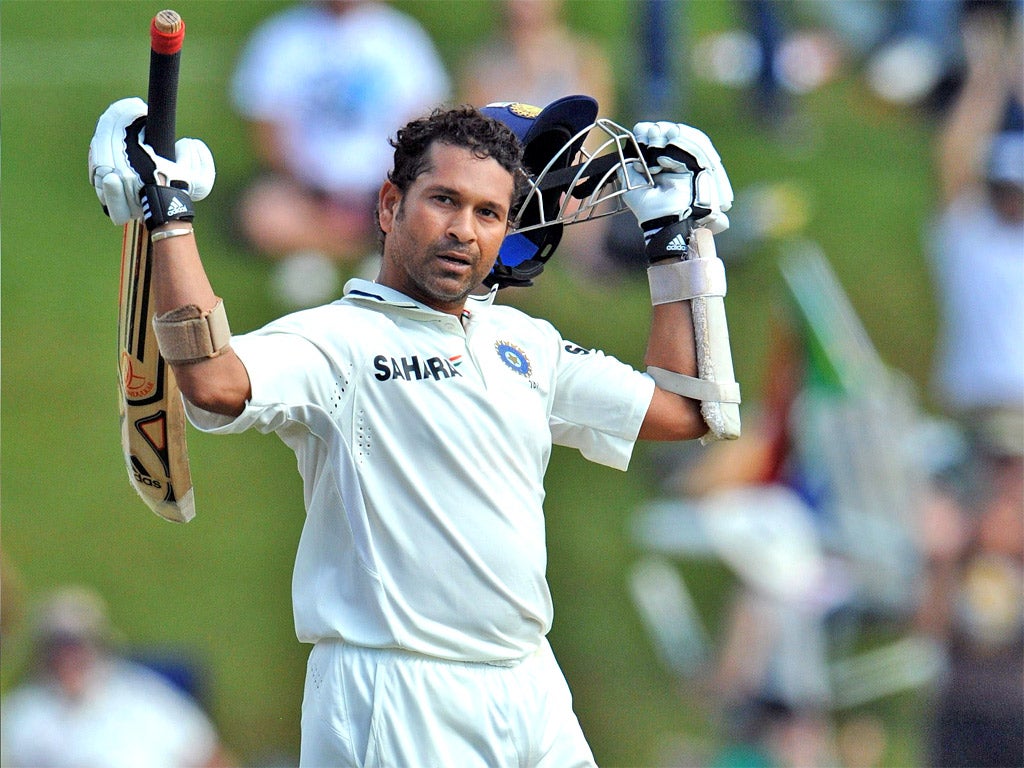 Sachin Tendulkar celebrating his 50th Test century, December 2010 (Getty)