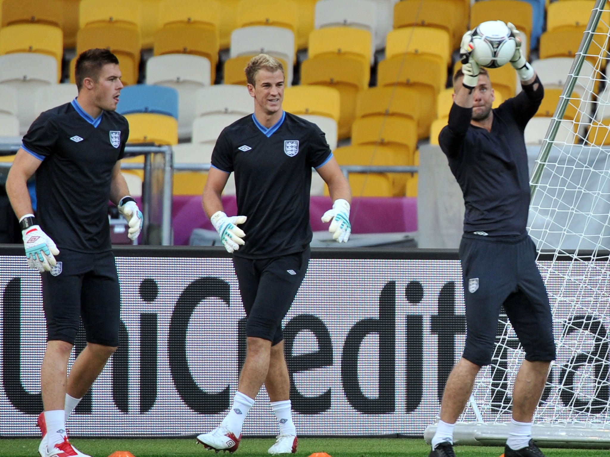 Jack Butland (far left) in England training alongside Joe Hart (centre) and Rob Green (right)