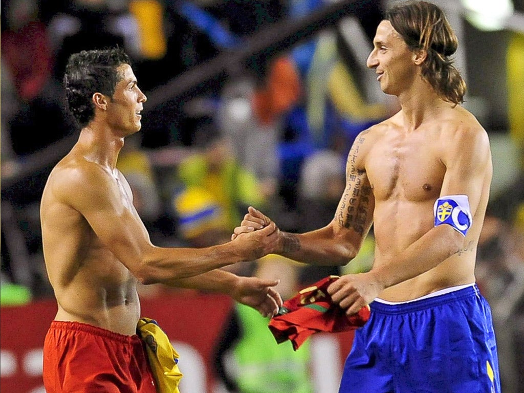 Cristiano Ronaldo (left) and Zlatan Ibrahimovic show their respect after their one international encounter in 2008