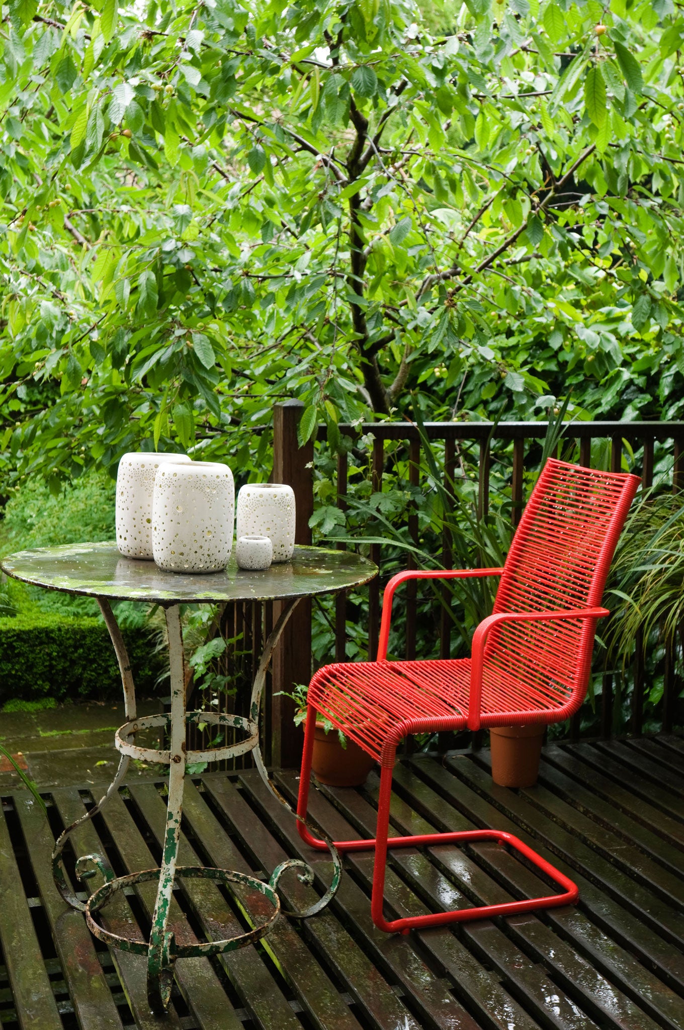 The decking of a London house after rain