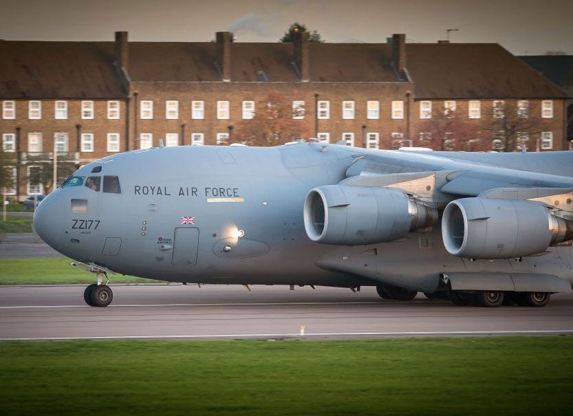 Ministry of Defence of a Royal Air Force 99 Sqn C-17 transport plane as it departs RAF Brize Norton in Oxfordshire, carrying UK Aid supplies bound for Cebu in the Philippines to help aid the relief effort following the devastation caused by Typhoon Haiyan.