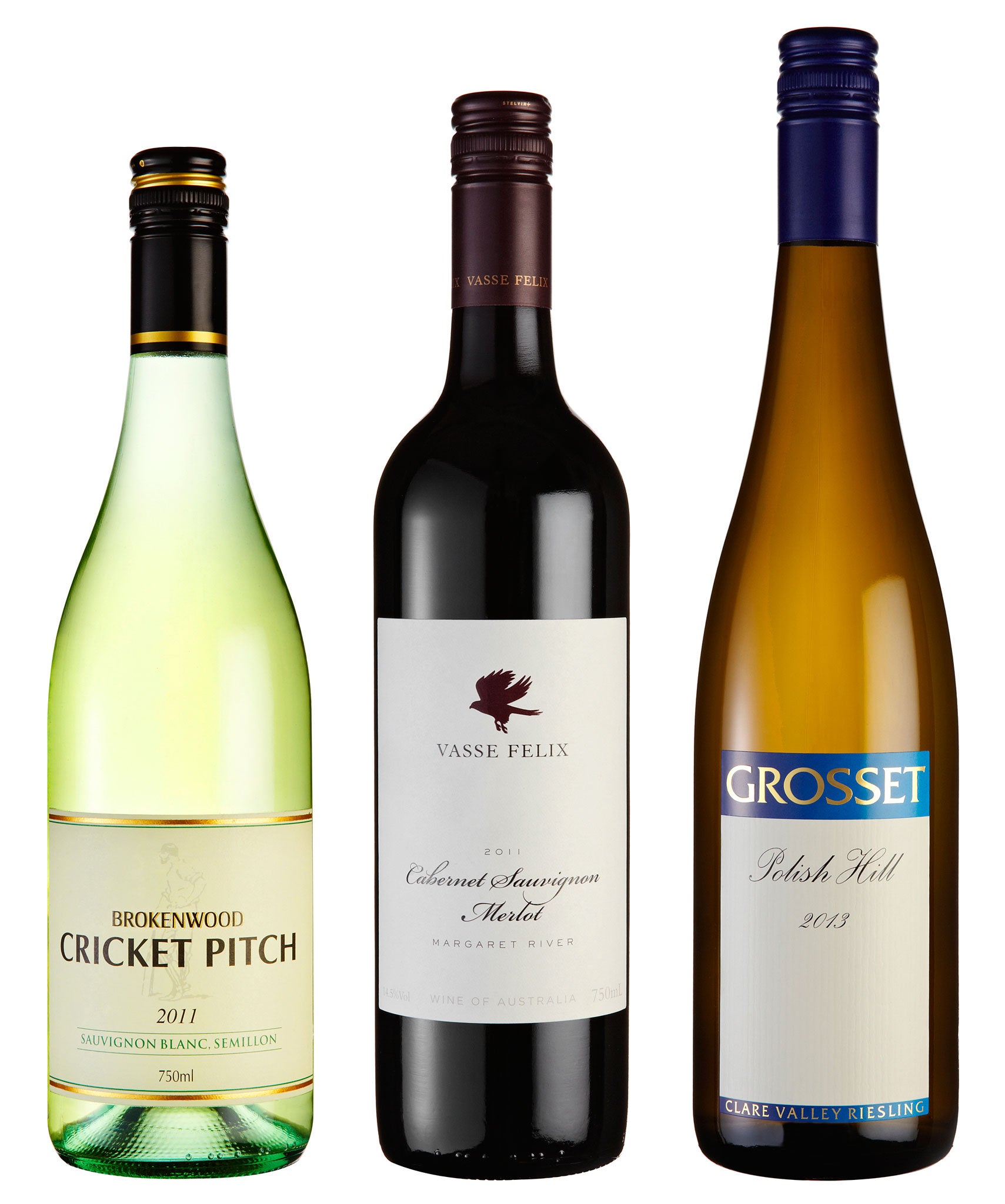 Brokenwood Cricket Pitch 2011; Vasse Felix Cabernet Sauvignon Merlot 2011; Grosset Polish Hill Riesling 2013