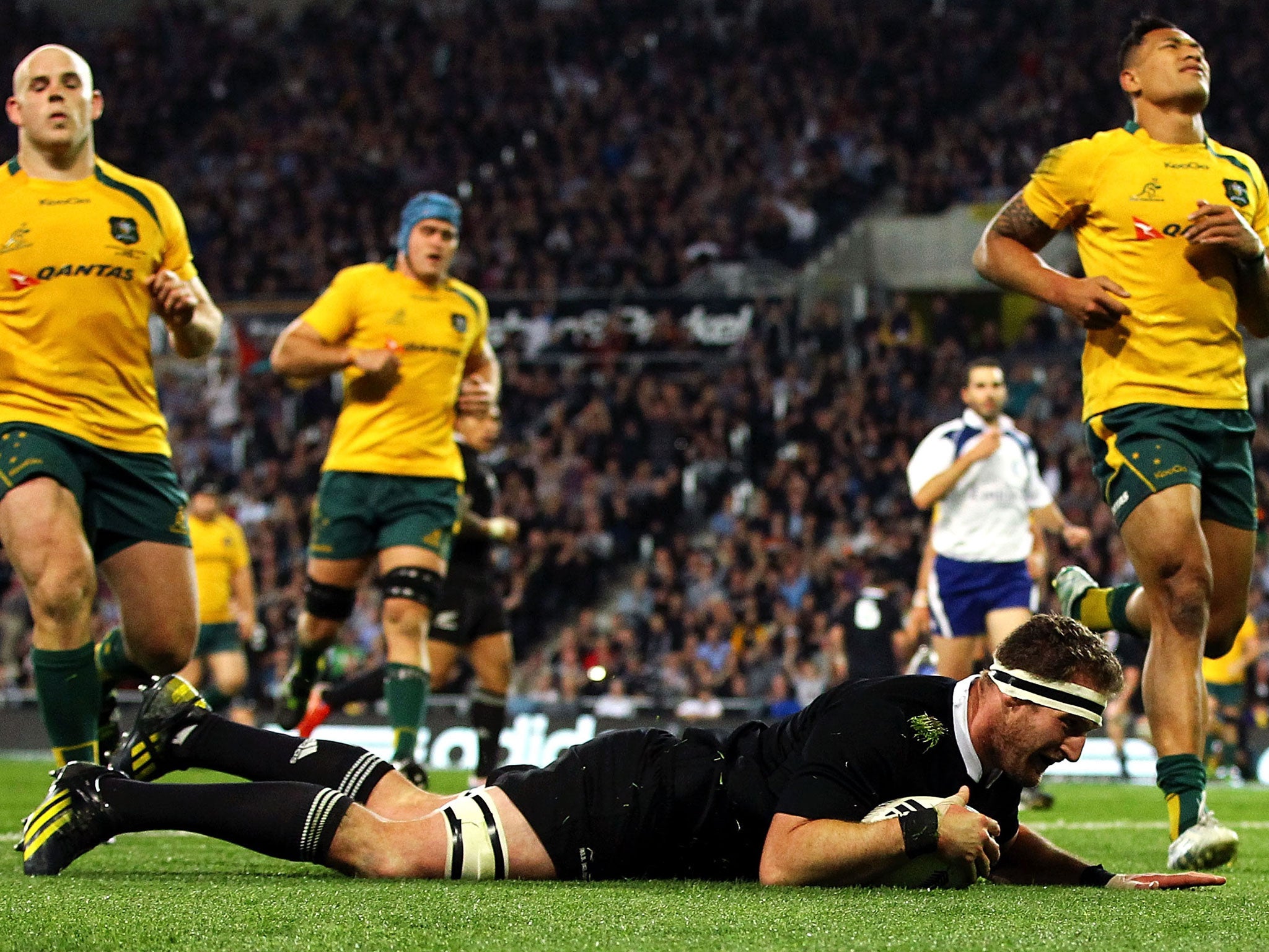 New Zealand’s Kieran Read scores against Australia in Dunedin last month