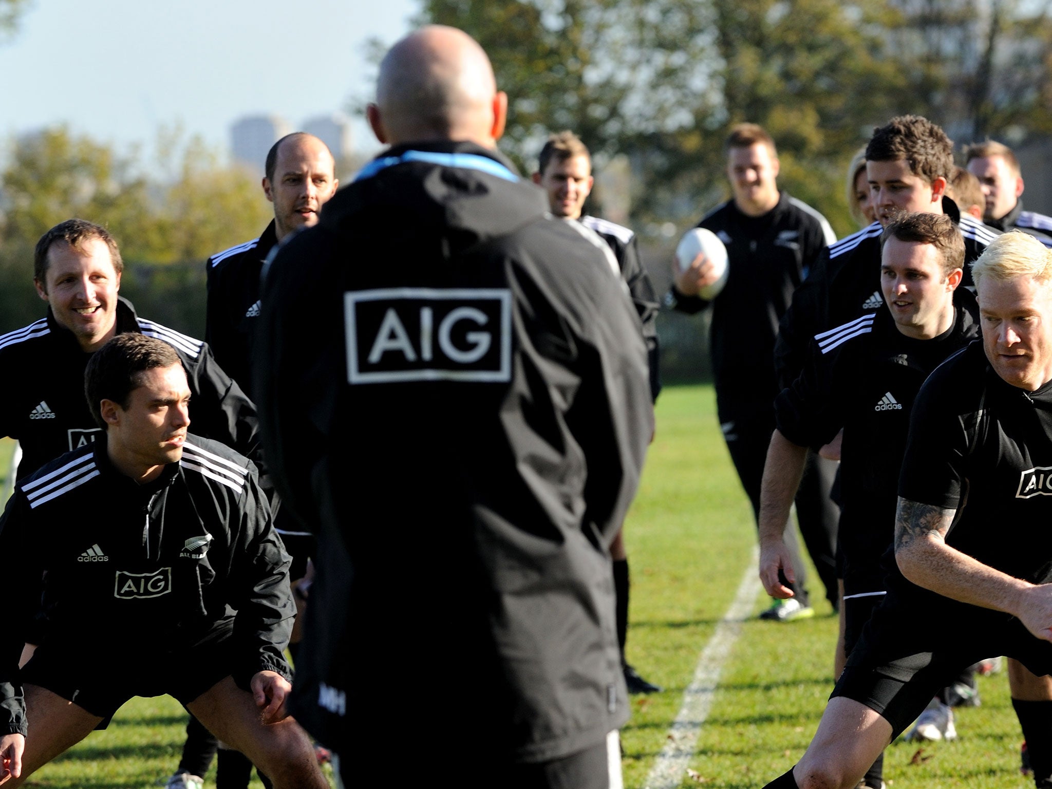 Robin Scott-Elliot (far left) is put through his paces on the All Blacks training ground