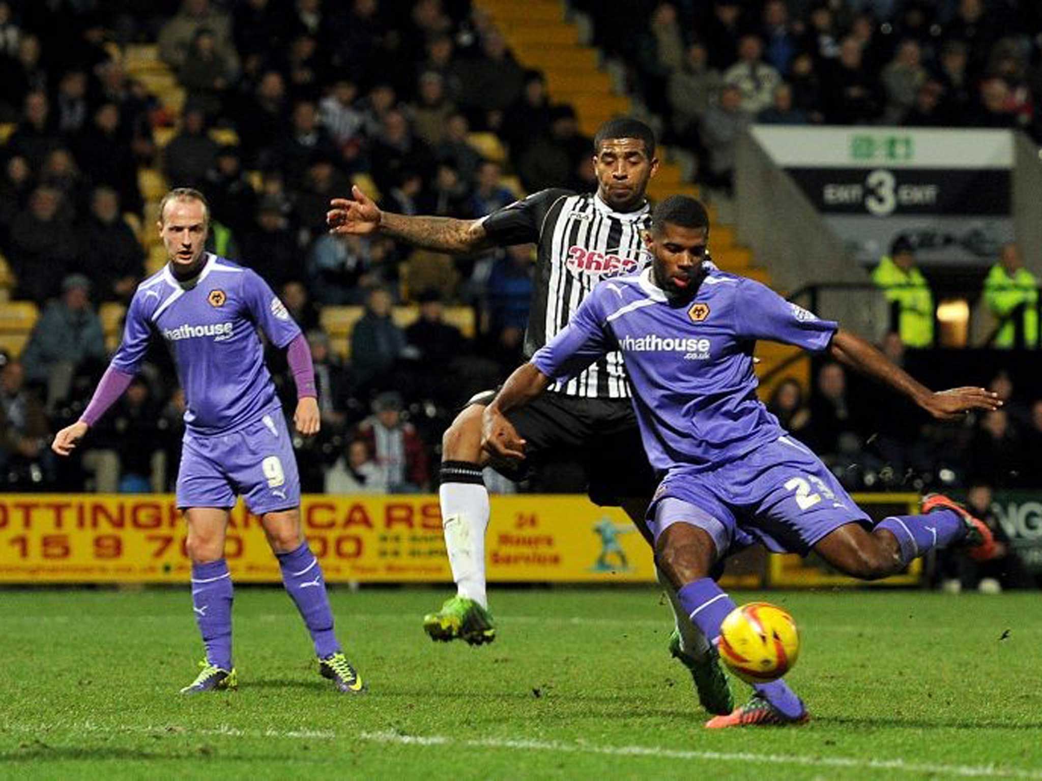 Clean strike: Ethan Ebanks-Landell volleys the winning goal for Wolves