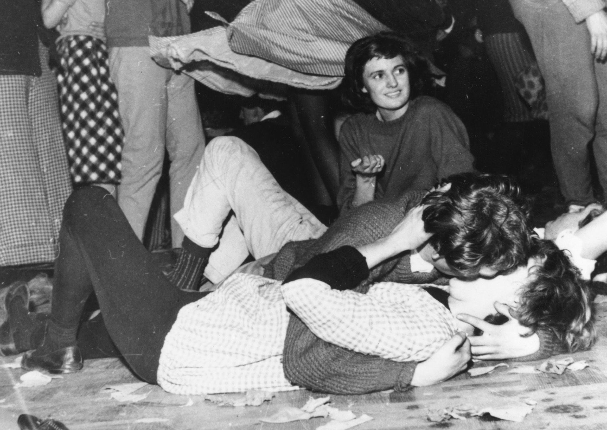 Teenagers cavort on the floor of the Royal Festival Hall in 1959